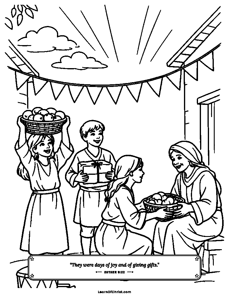 Esther 9 coloring page - Sharing gifts on the first Purim