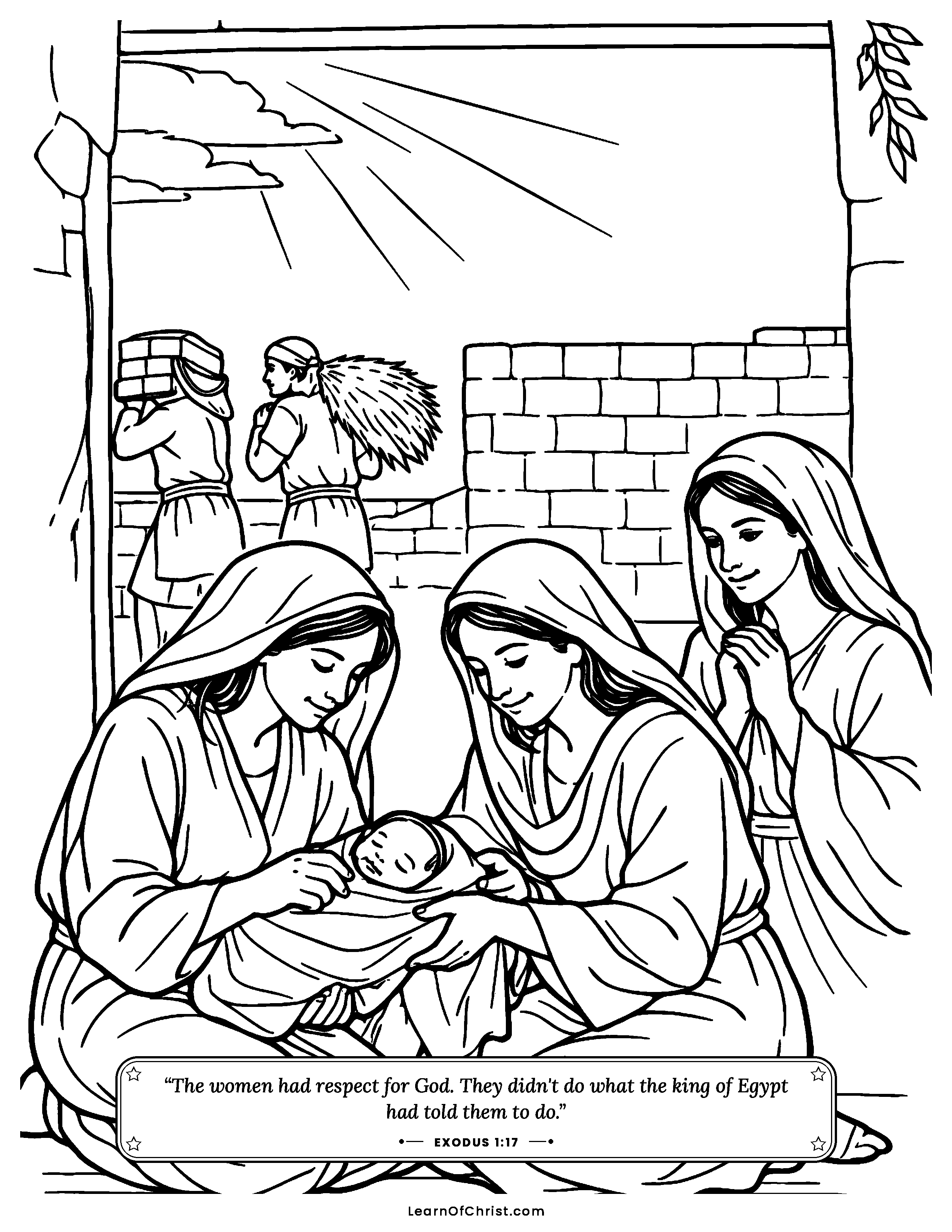 Exodus 1 coloring page - Brave women protect the baby boys. Free printable Bible coloring sheet for kids.