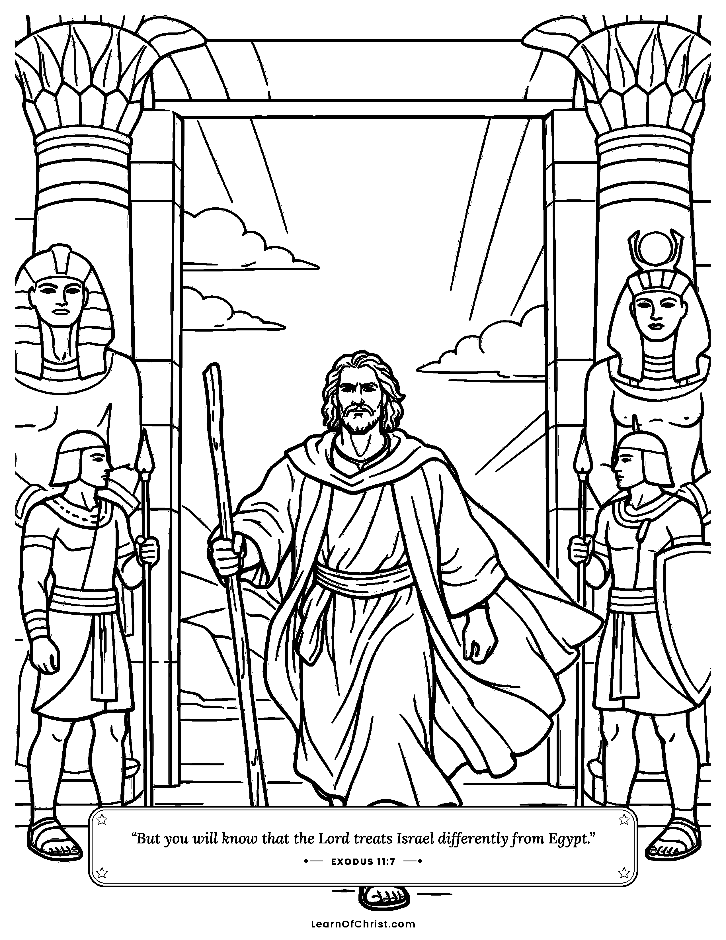 Exodus 11 coloring page - Moses walks out of Pharaoh's palace. Free printable Bible coloring sheet for kids.