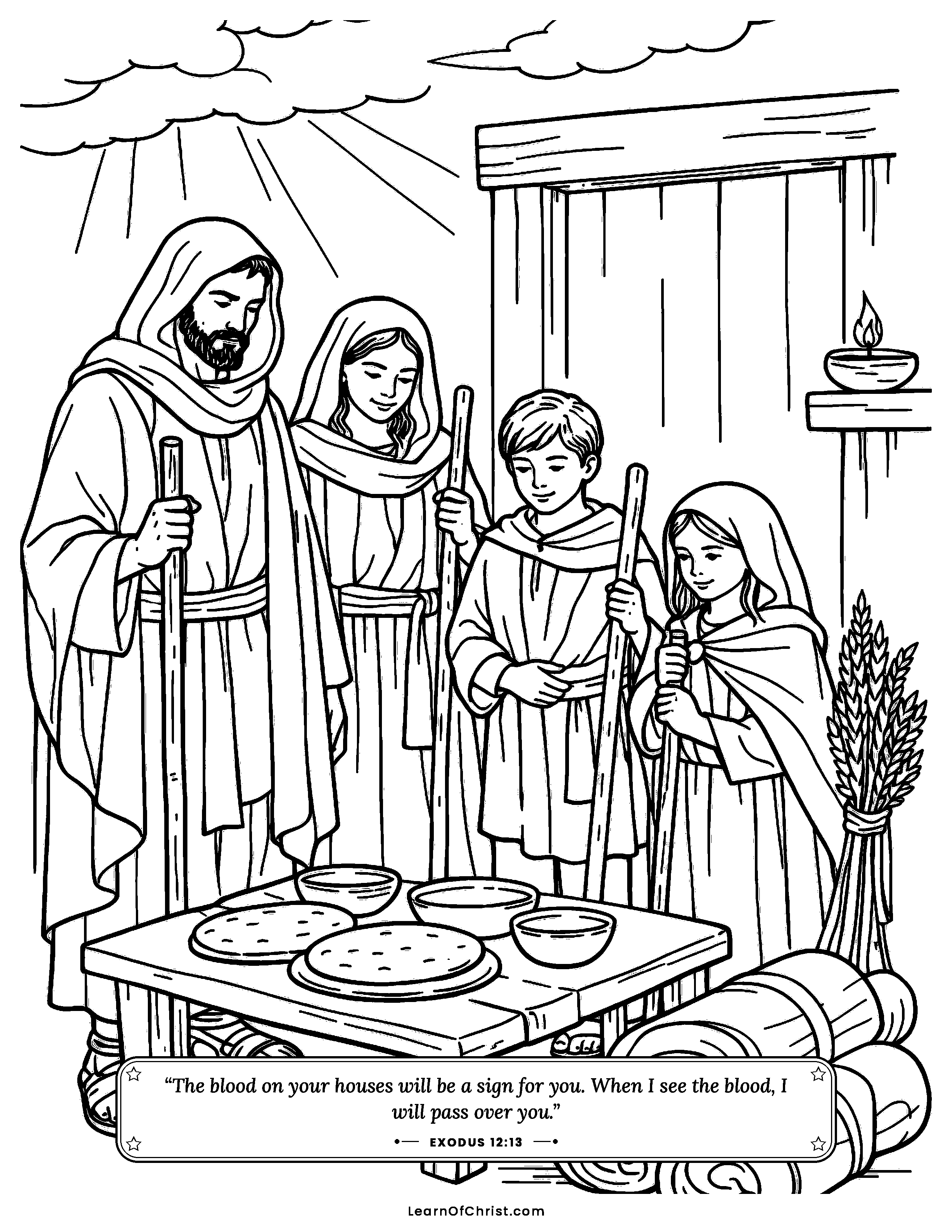 Exodus 12 coloring page - Ready to go on Passover night. Free printable Bible coloring sheet for kids.