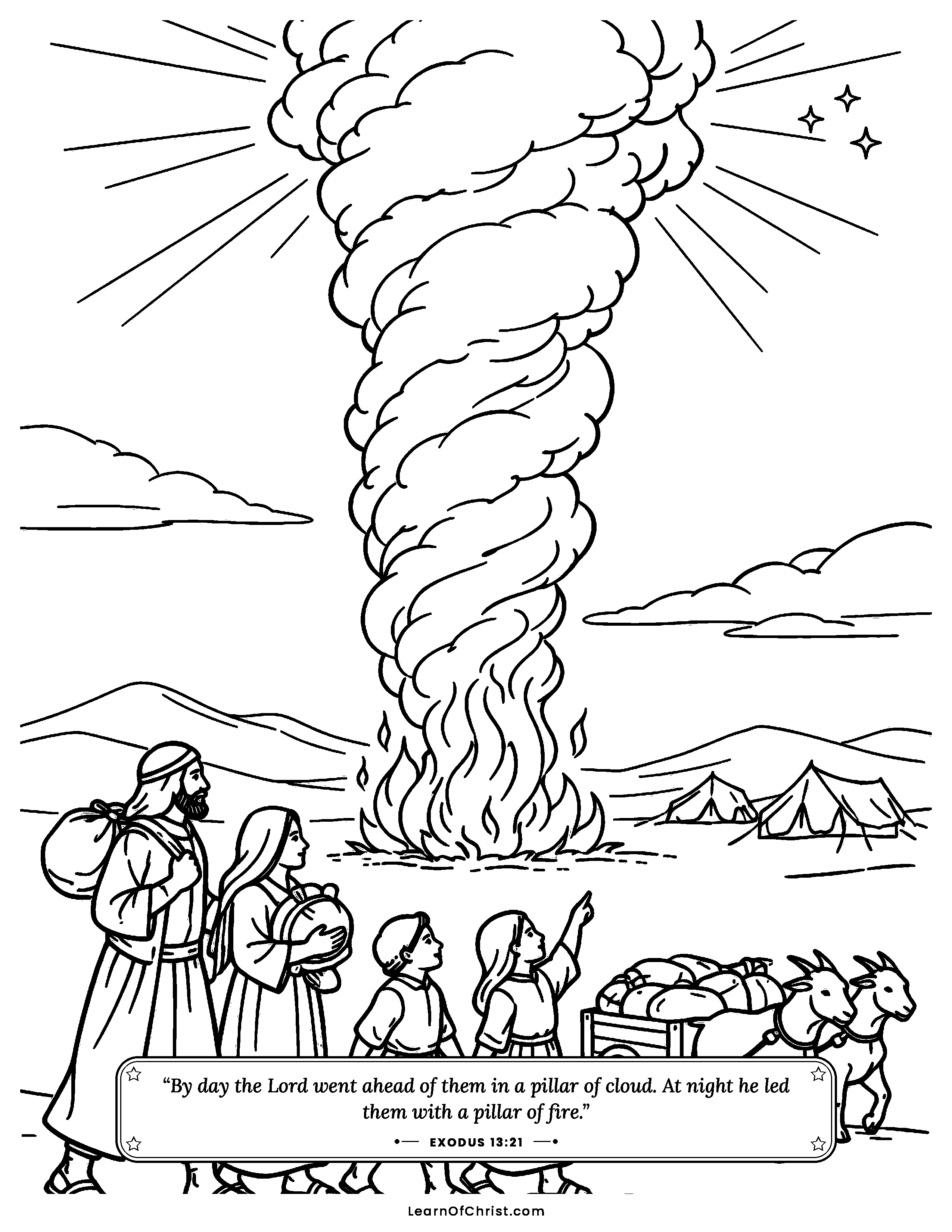 Exodus 13 coloring page - A cloud by day, a fire by night. Free printable Bible coloring sheet for kids.