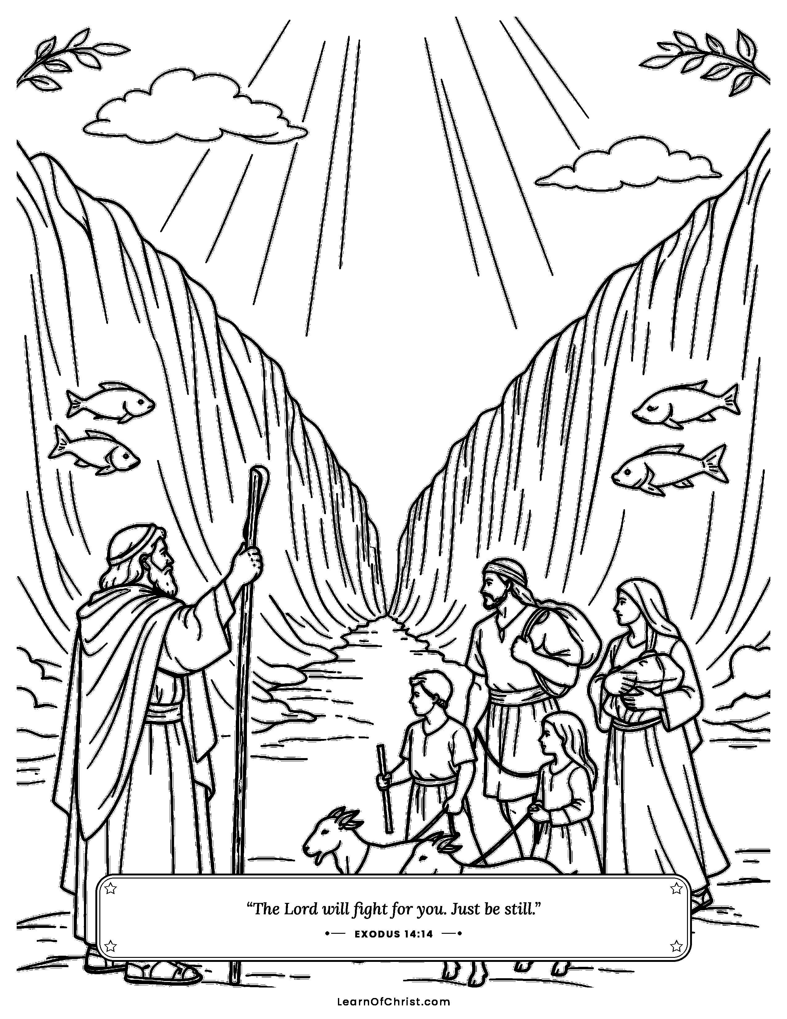 Exodus 14 coloring page - A dry path through the sea. Free printable Bible coloring sheet for kids.