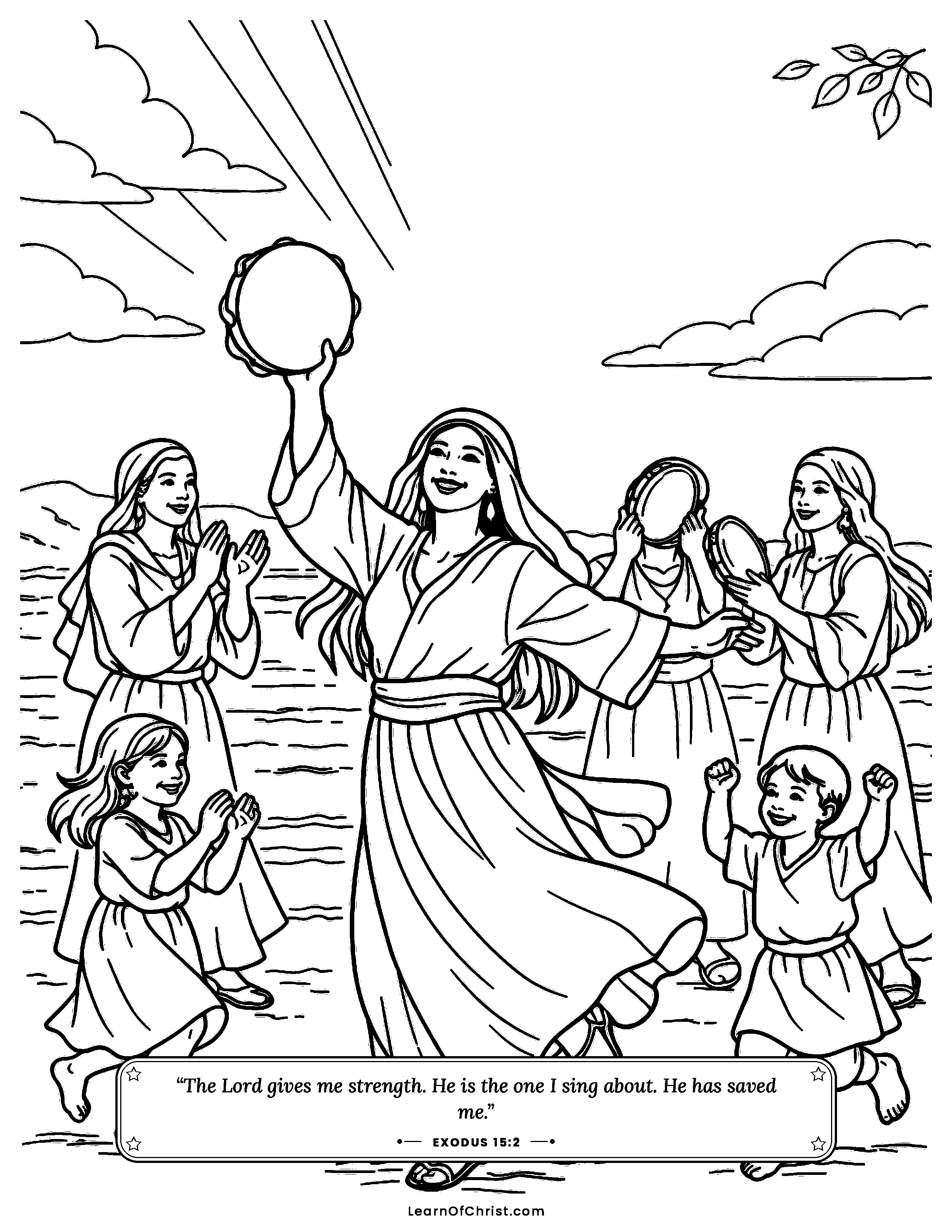 Exodus 15 coloring page - Miriam leads a song by the sea. Free printable Bible coloring sheet for kids.