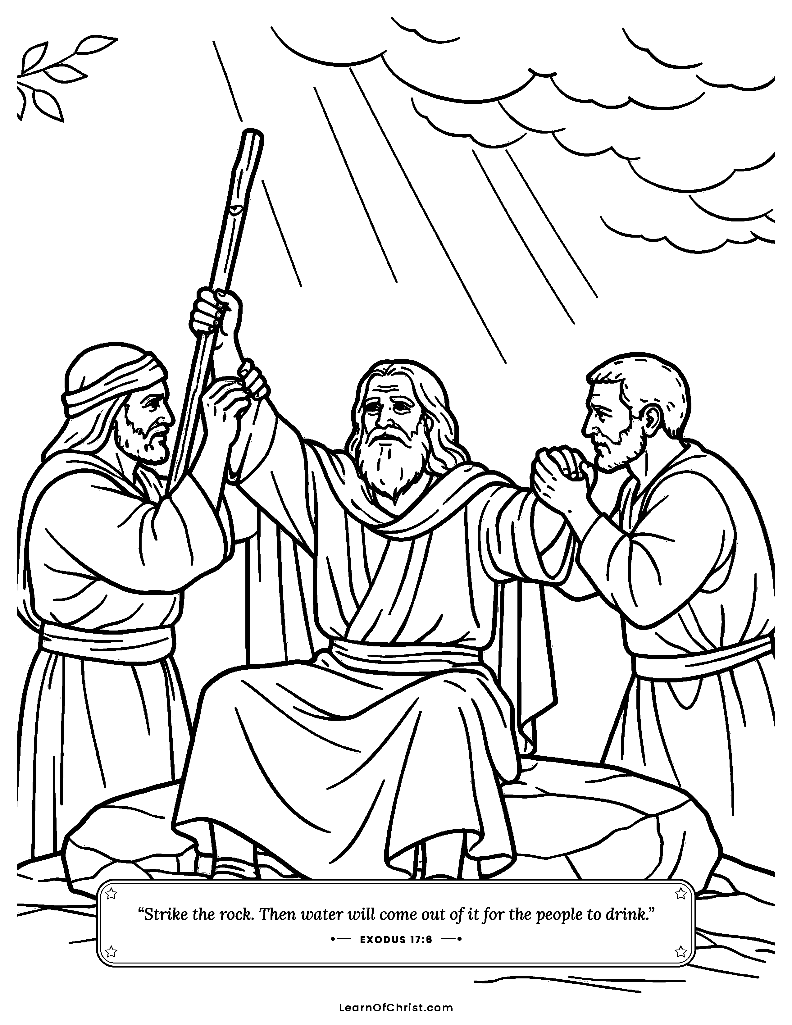 Exodus 17 coloring page - Aaron and Hur hold up Moses' hands. Free printable Bible coloring sheet for kids.