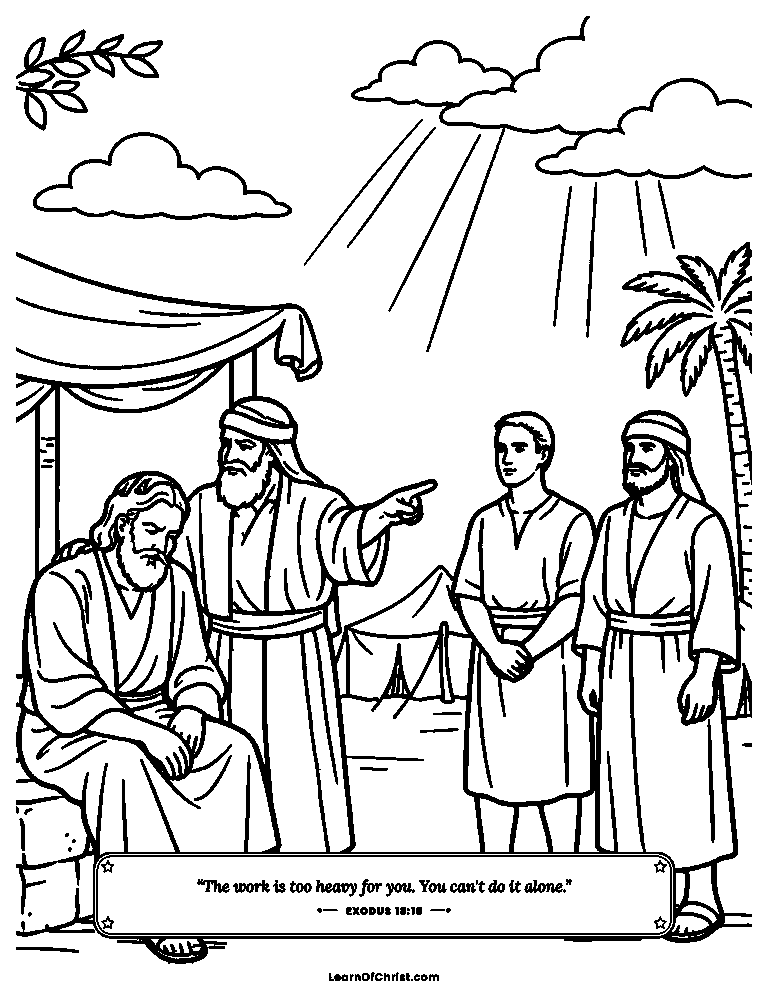 Exodus 18 coloring page - Jethro helps Moses share the load