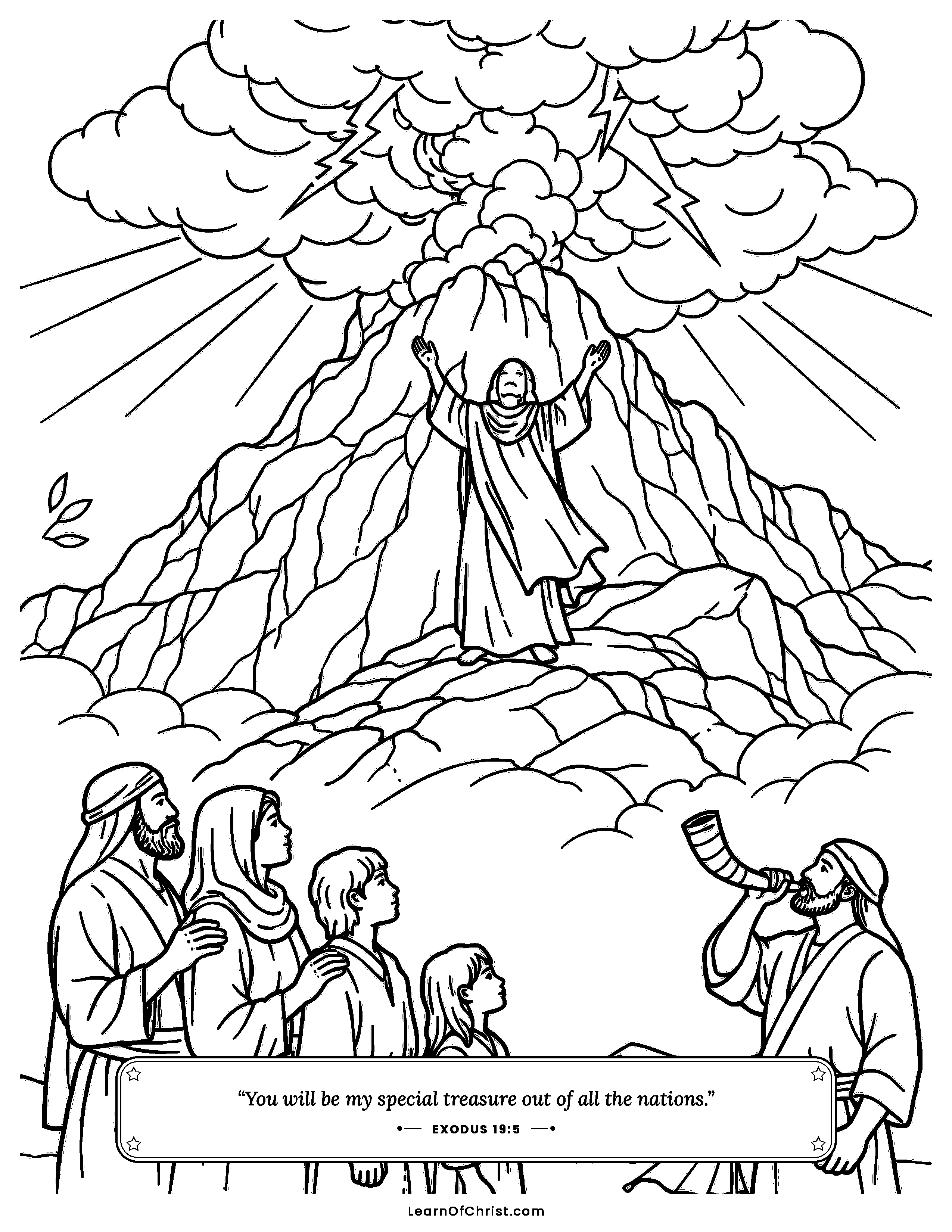 Exodus 19 coloring page - Israel gathers at the smoking mountain. Free printable Bible coloring sheet for kids.