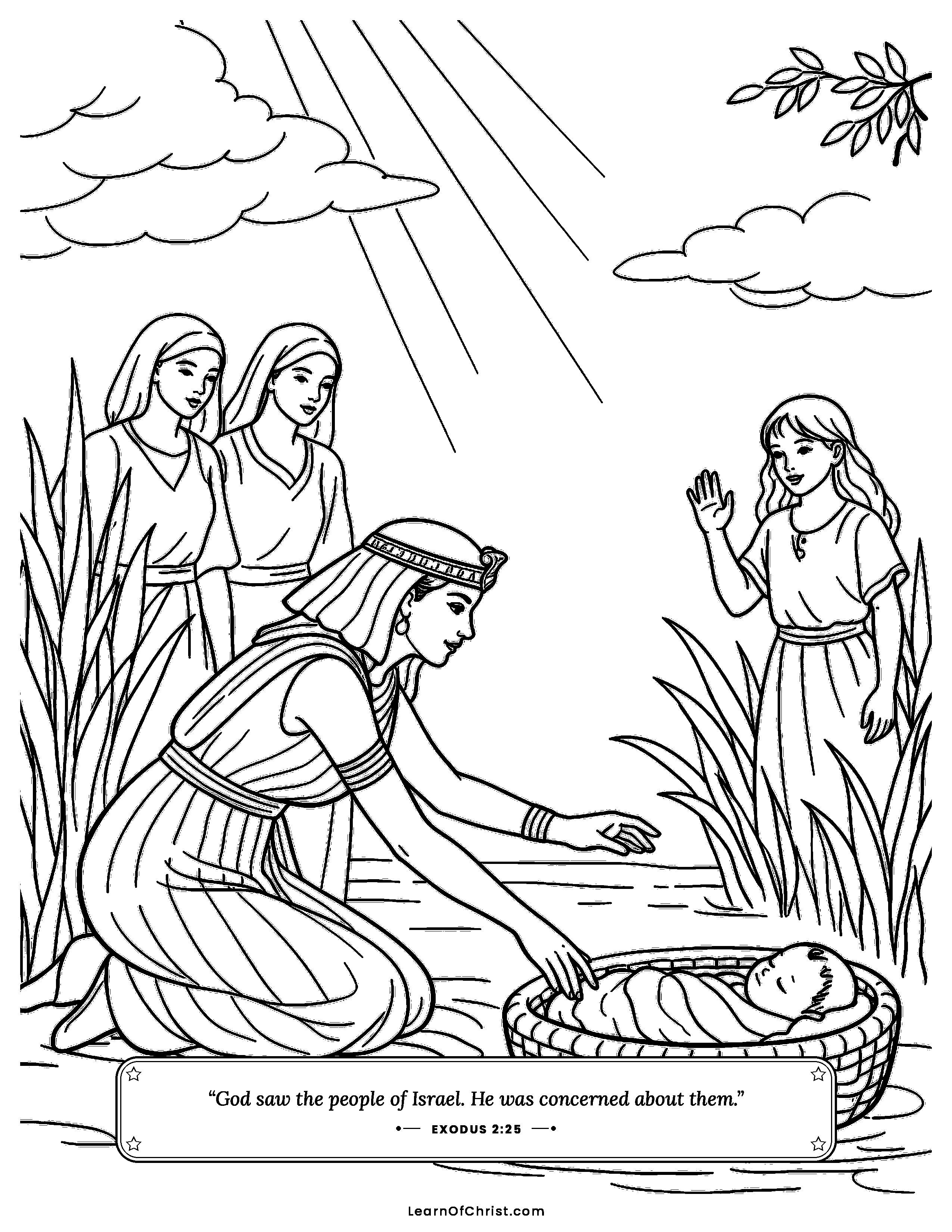 Exodus 2 coloring page - The baby in the basket. Free printable Bible coloring sheet for kids.