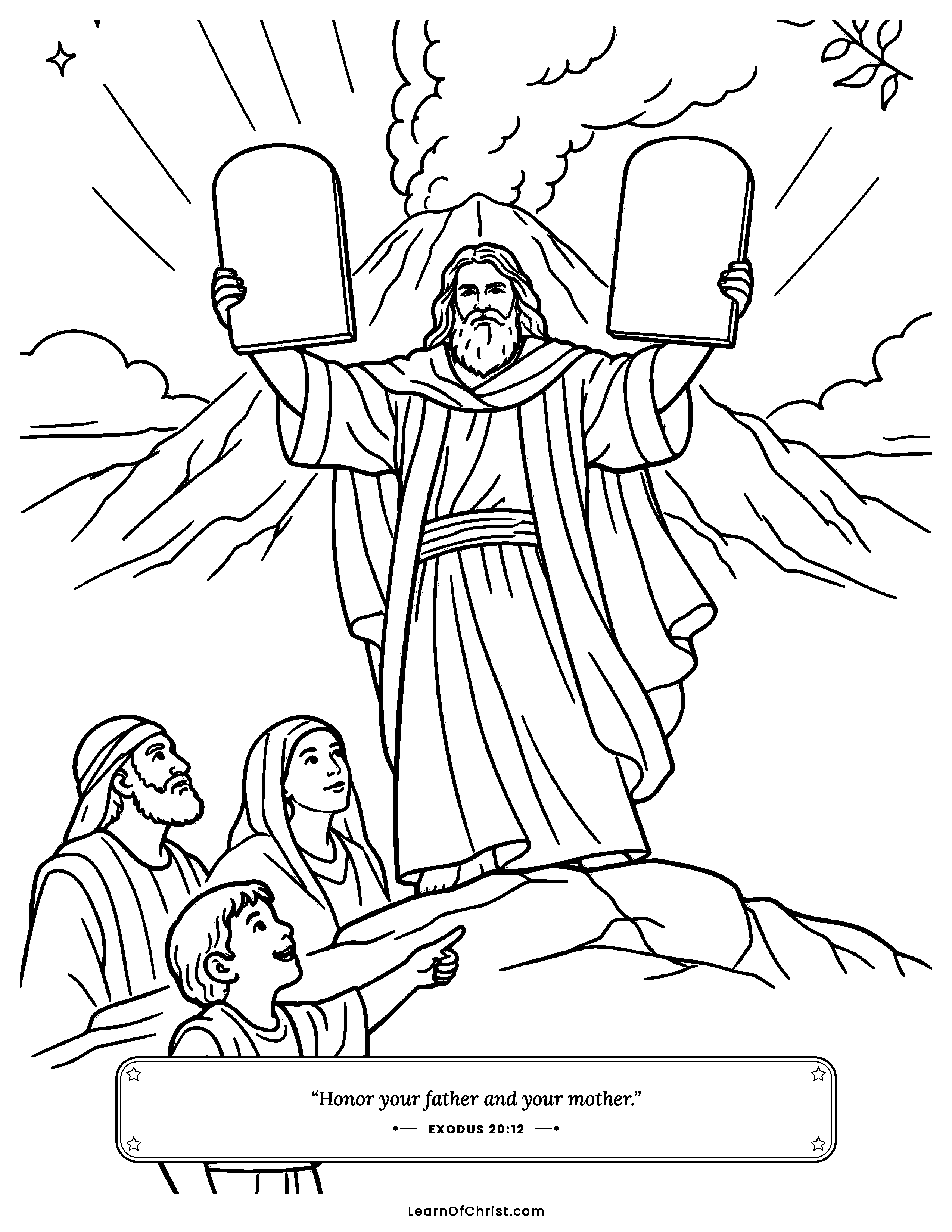 Exodus 20 coloring page - Moses holds up the ten commandments. Free printable Bible coloring sheet for kids.