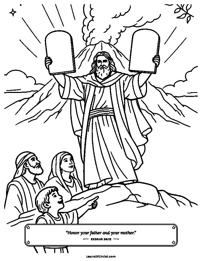 Exodus 20 coloring page - Moses holds up the ten commandments