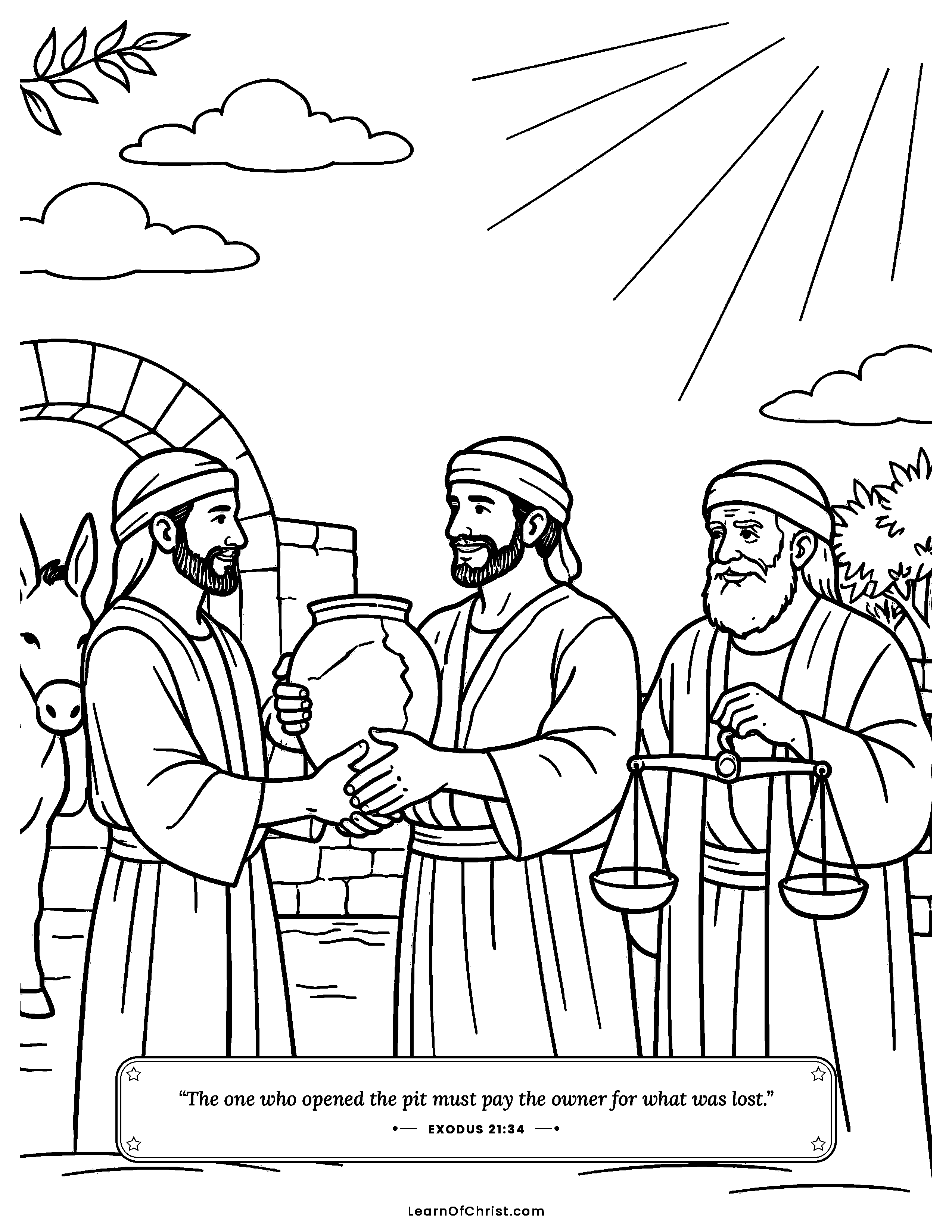 Exodus 21 coloring page - Neighbors make things right again. Free printable Bible coloring sheet for kids.