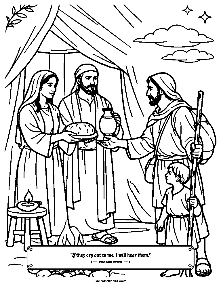 Exodus 22 coloring page - A family welcomes the lonely traveler