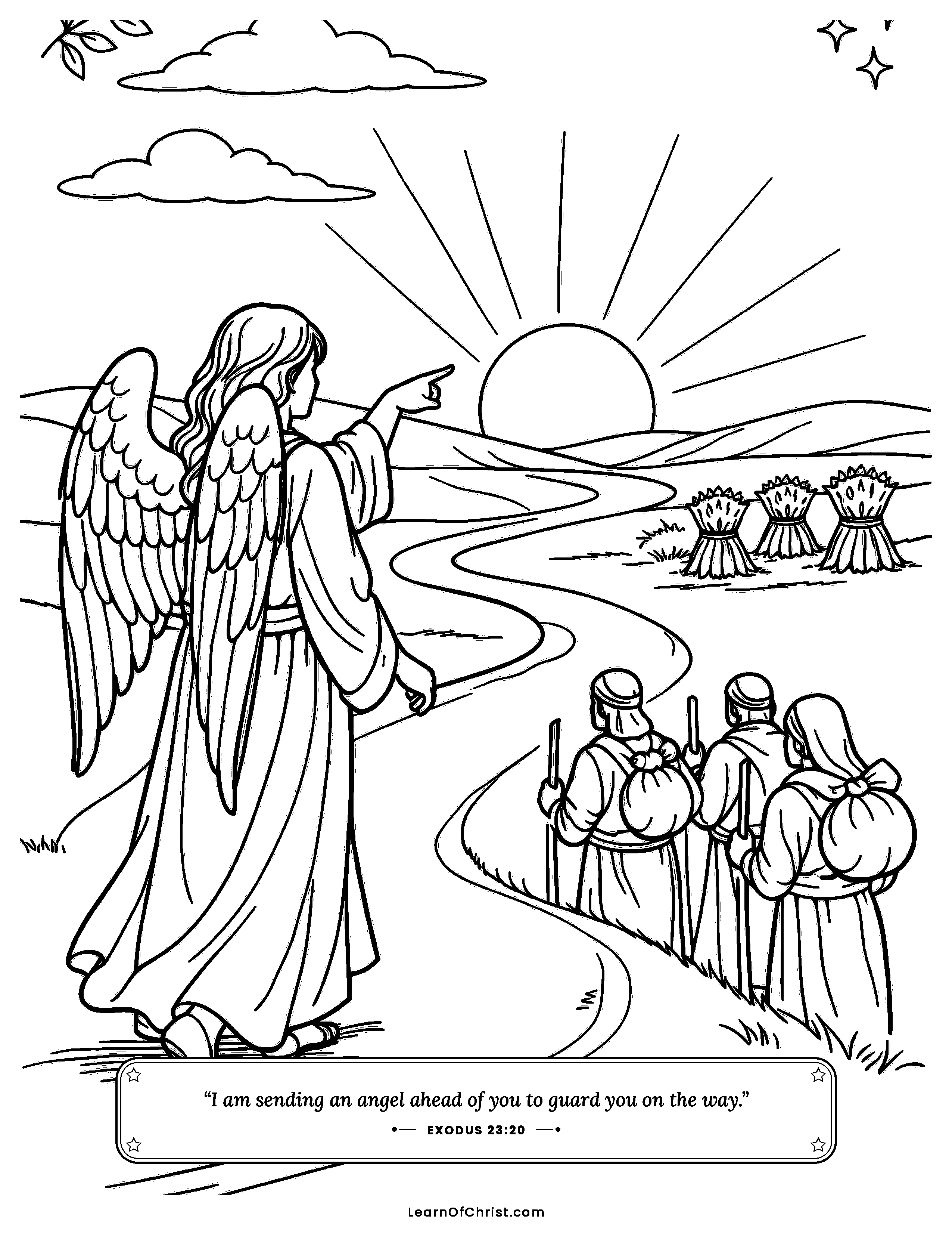 Exodus 23 coloring page - An angel leads the way ahead. Free printable Bible coloring sheet for kids.
