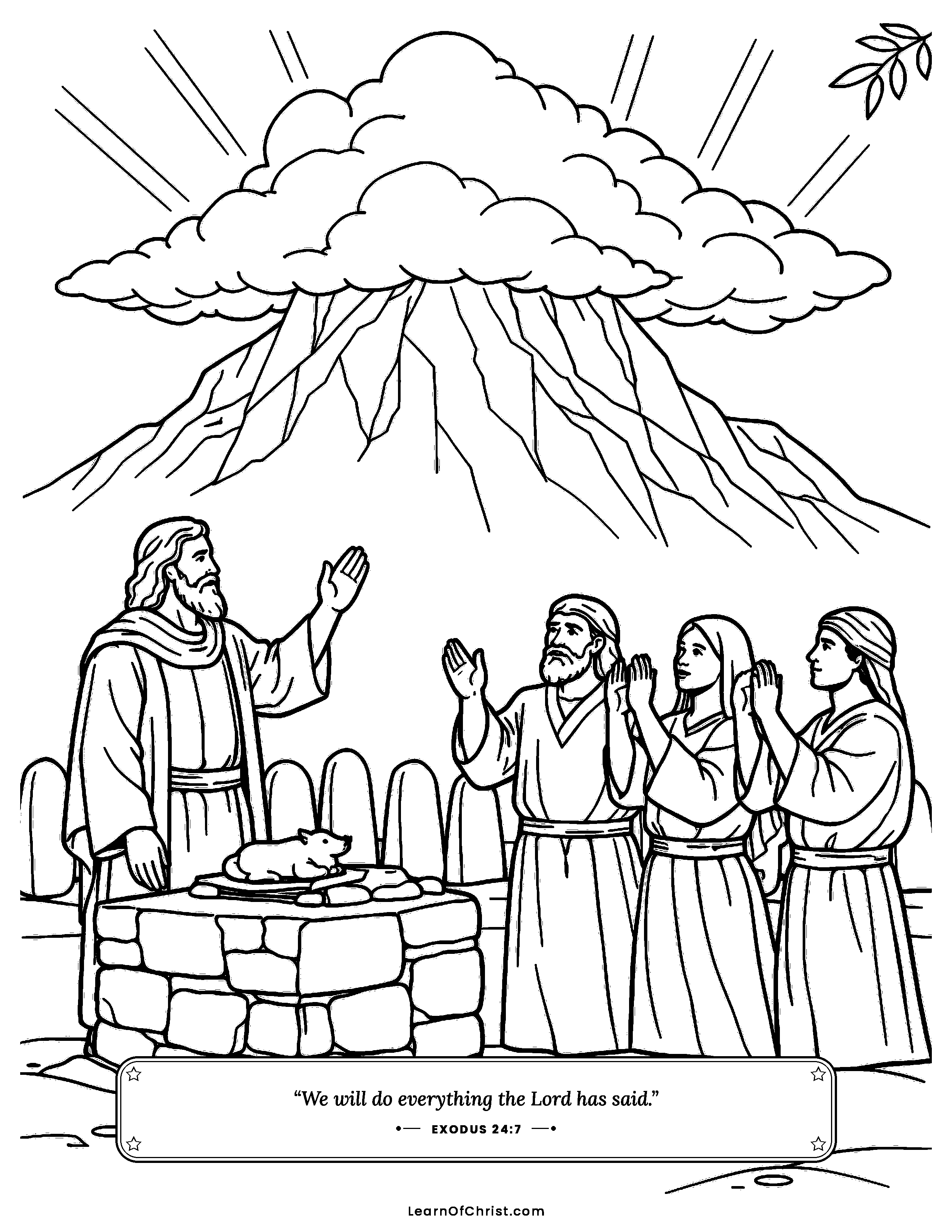 Exodus 24 coloring page - The people promise to obey God. Free printable Bible coloring sheet for kids.