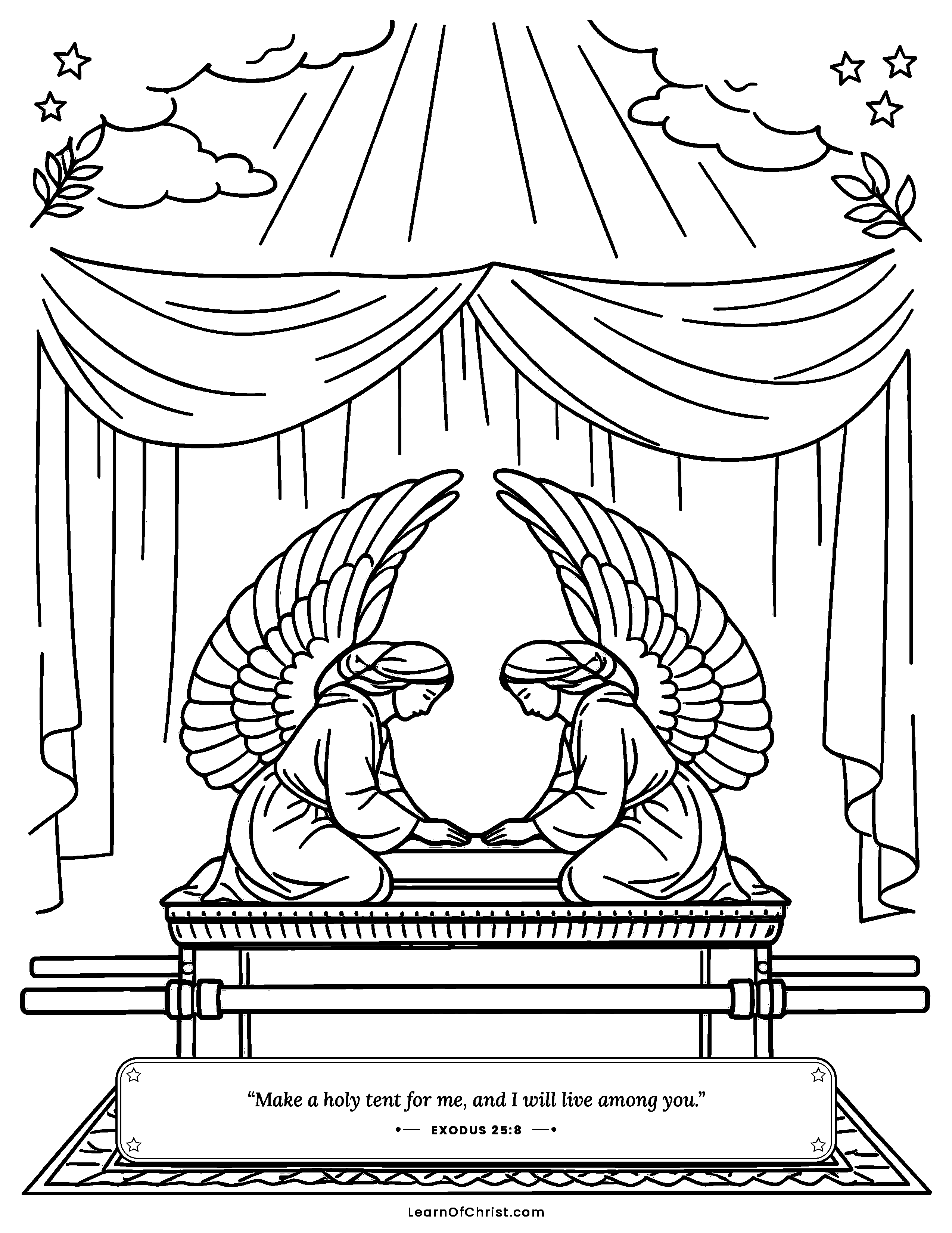Exodus 25 coloring page - The golden ark with two angels. Free printable Bible coloring sheet for kids.