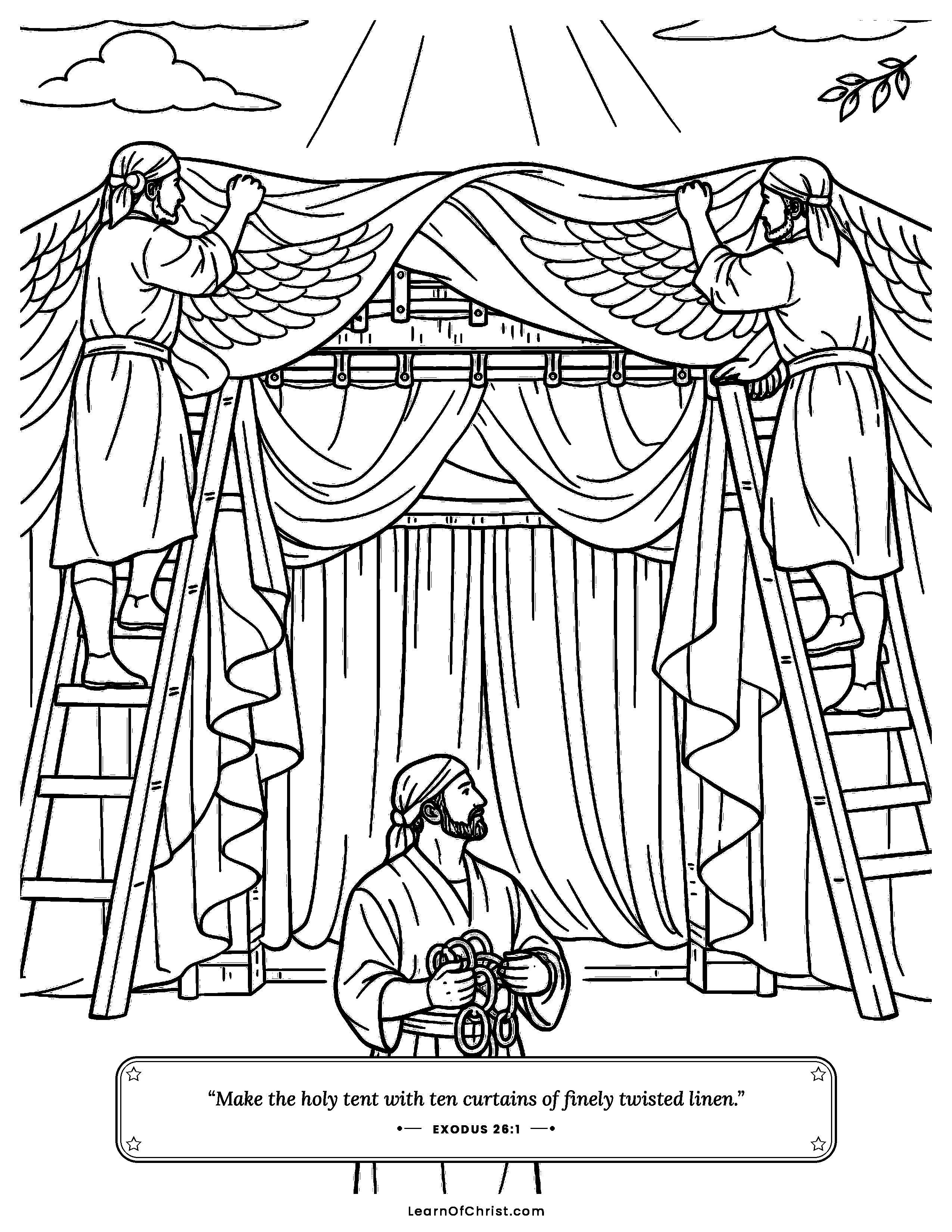 Exodus 26 coloring page - Weavers hang the tabernacle curtains. Free printable Bible coloring sheet for kids.