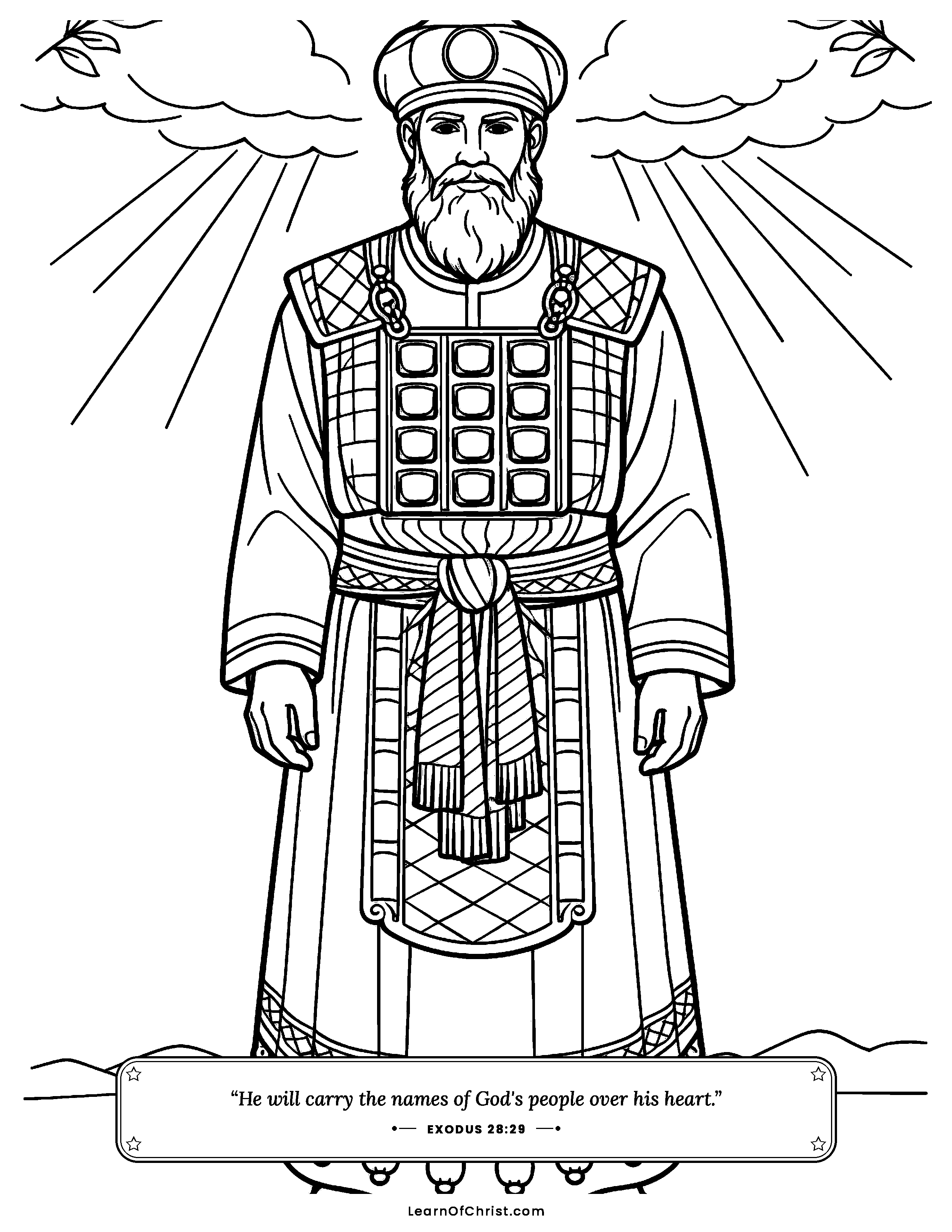 Exodus 28 coloring page - Aaron wears the breastpiece of names. Free printable Bible coloring sheet for kids.
