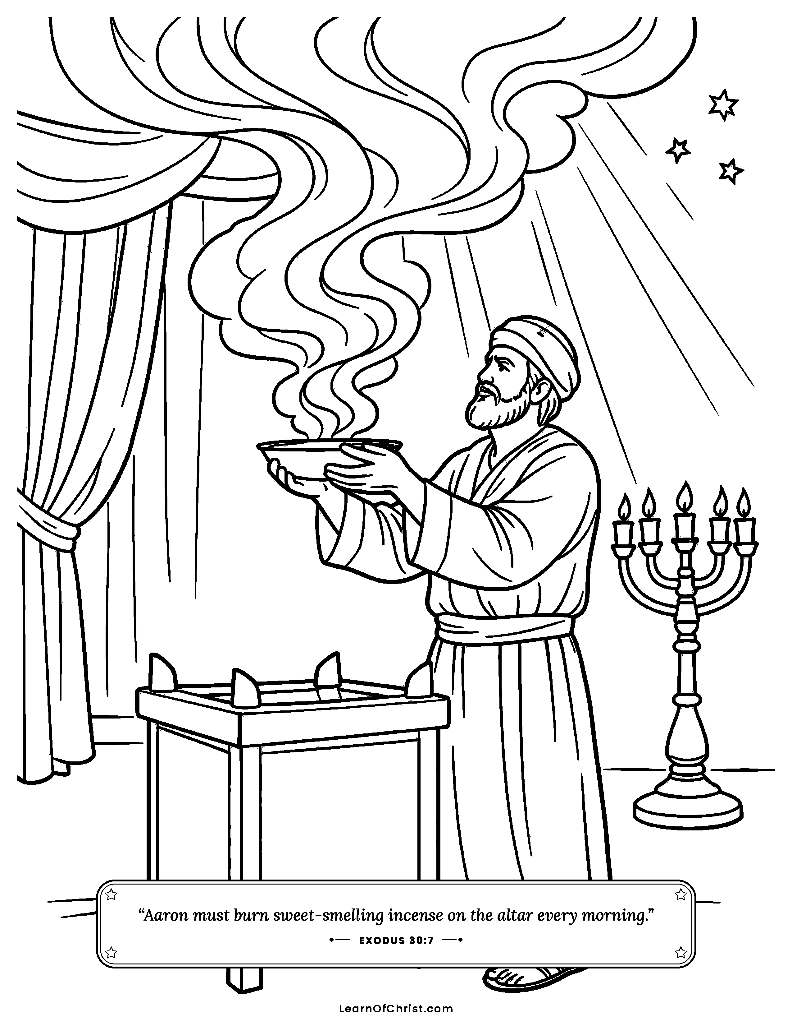 Exodus 30 coloring page - Sweet incense rises like our prayers. Free printable Bible coloring sheet for kids.