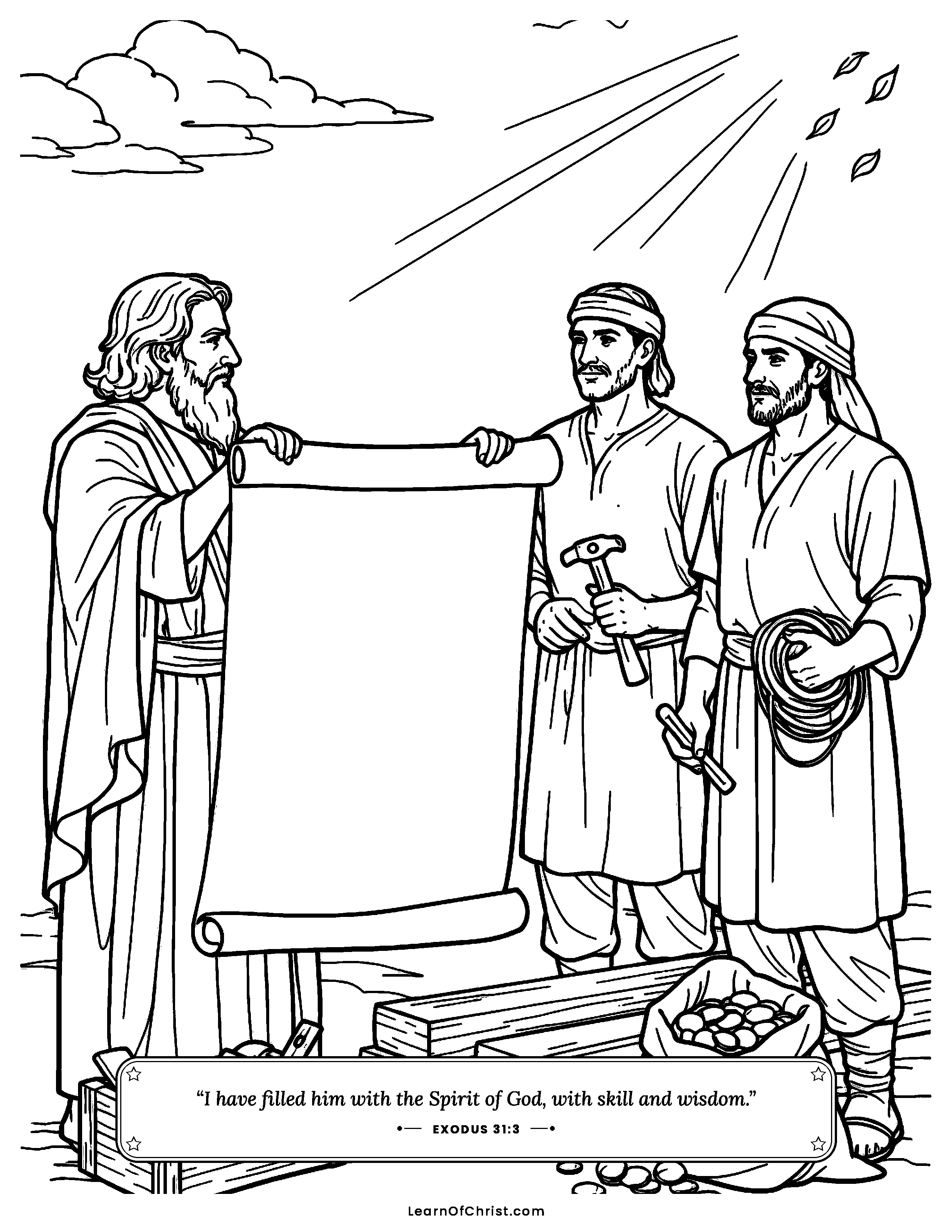 Exodus 31 coloring page - God gives Bezalel skillful hands. Free printable Bible coloring sheet for kids.