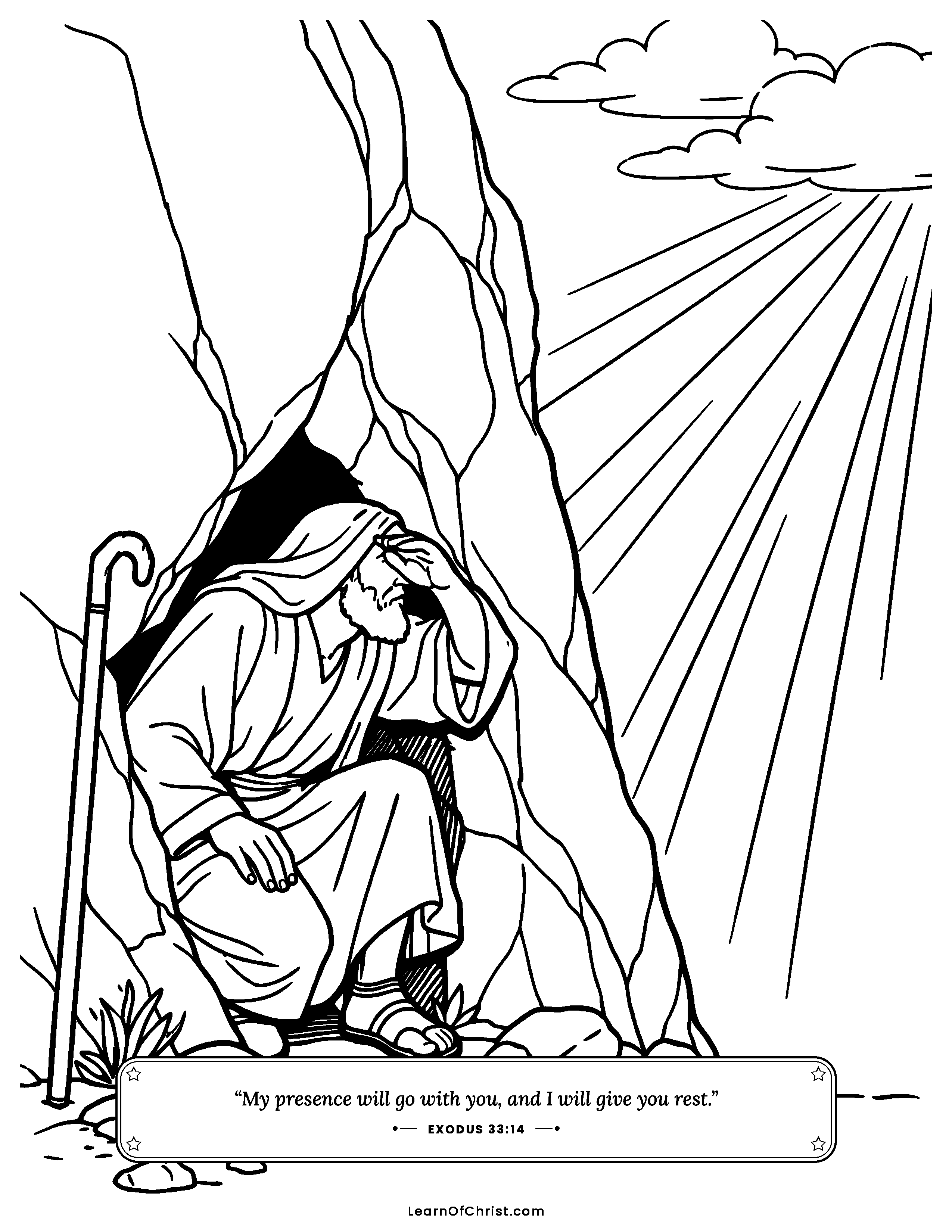Exodus 33 coloring page - Moses hides in the cleft of the rock. Free printable Bible coloring sheet for kids.