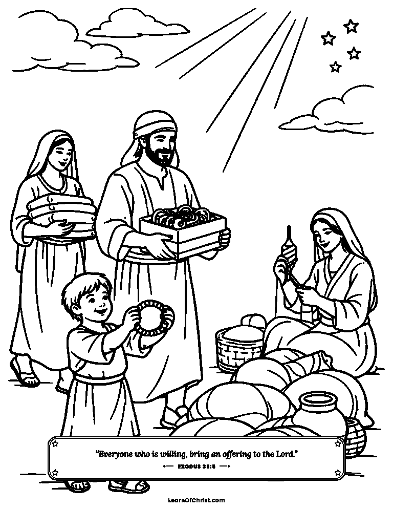 Exodus 35 coloring page - Everyone brings a willing gift