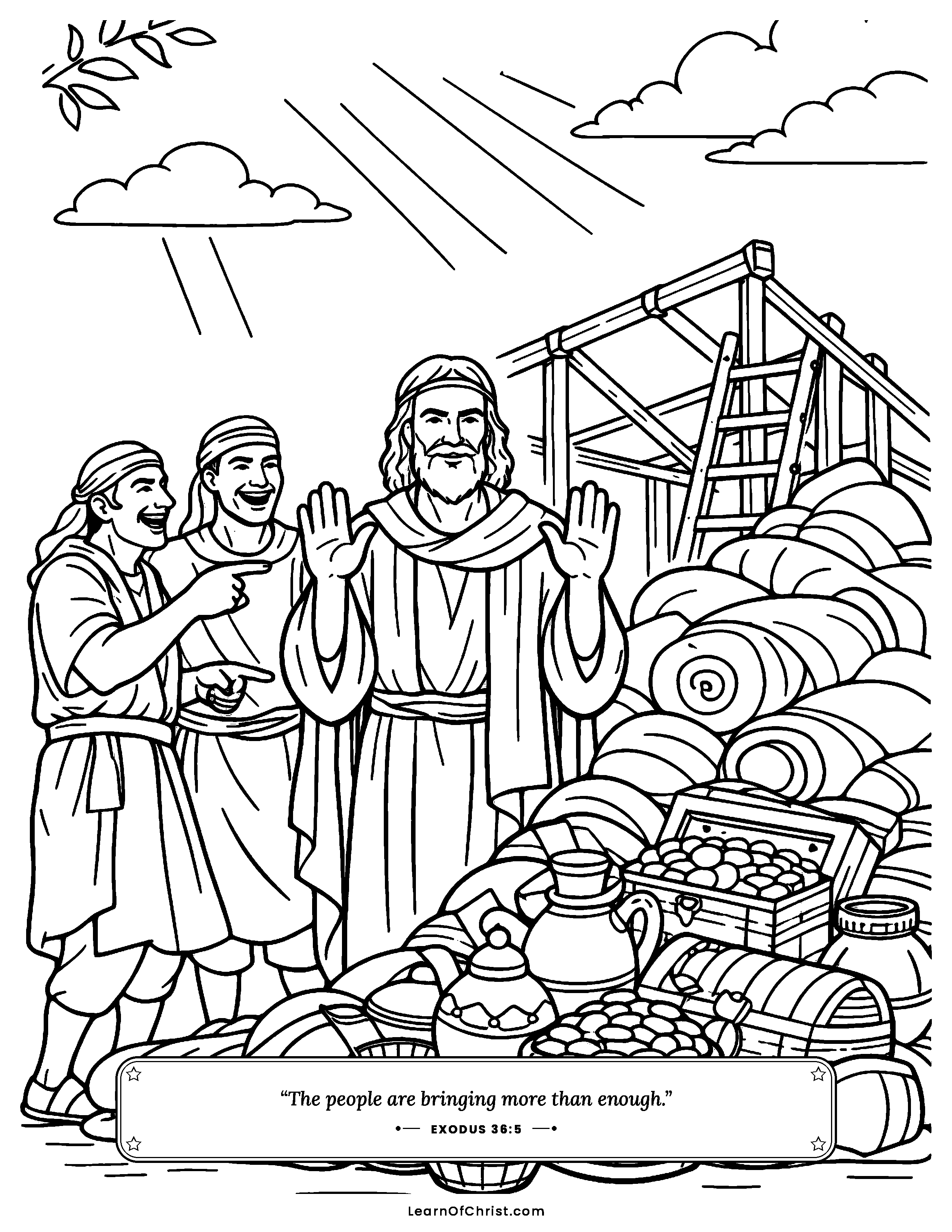 Exodus 36 coloring page - Moses tells the people to stop giving. Free printable Bible coloring sheet for kids.