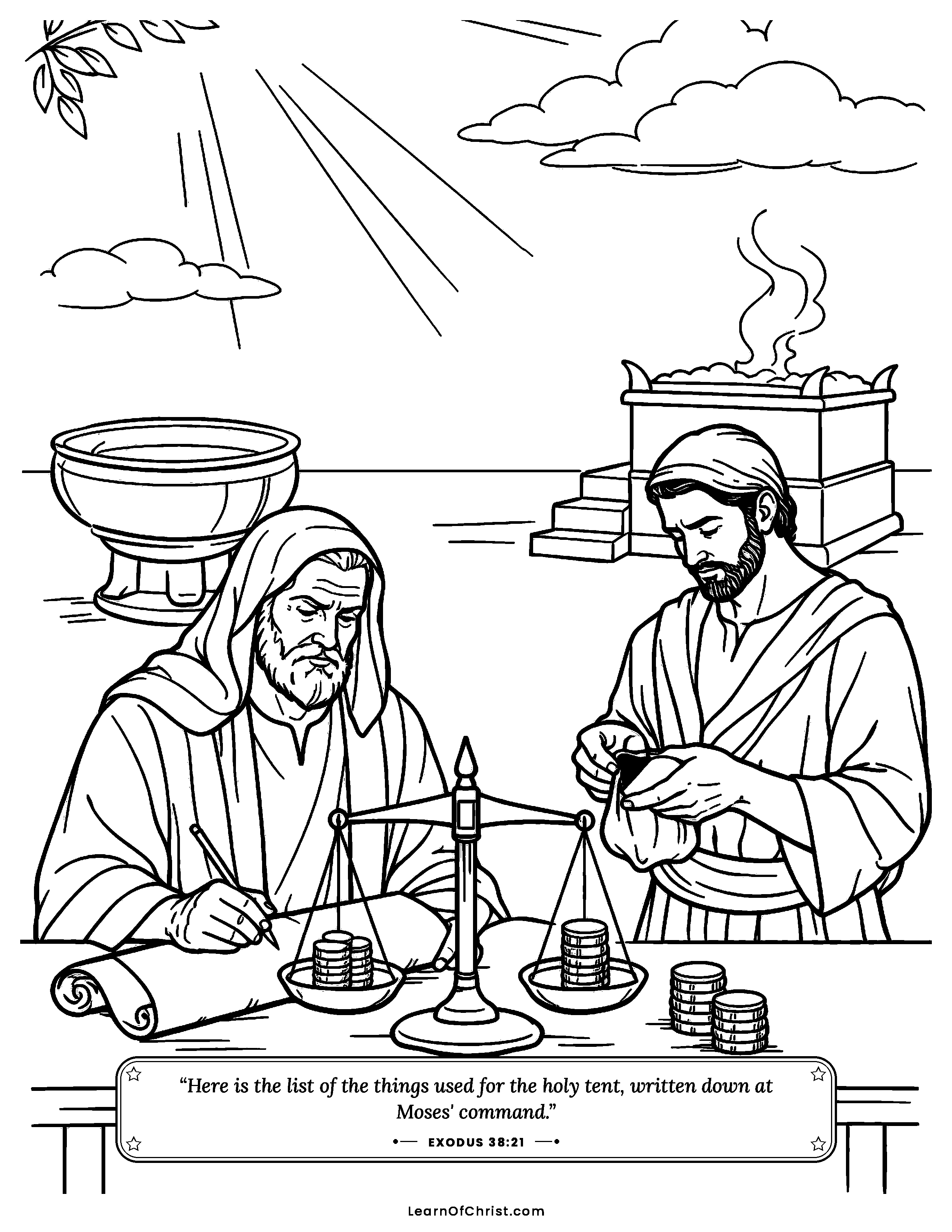 Exodus 38 coloring page - Counting every gift honestly. Free printable Bible coloring sheet for kids.