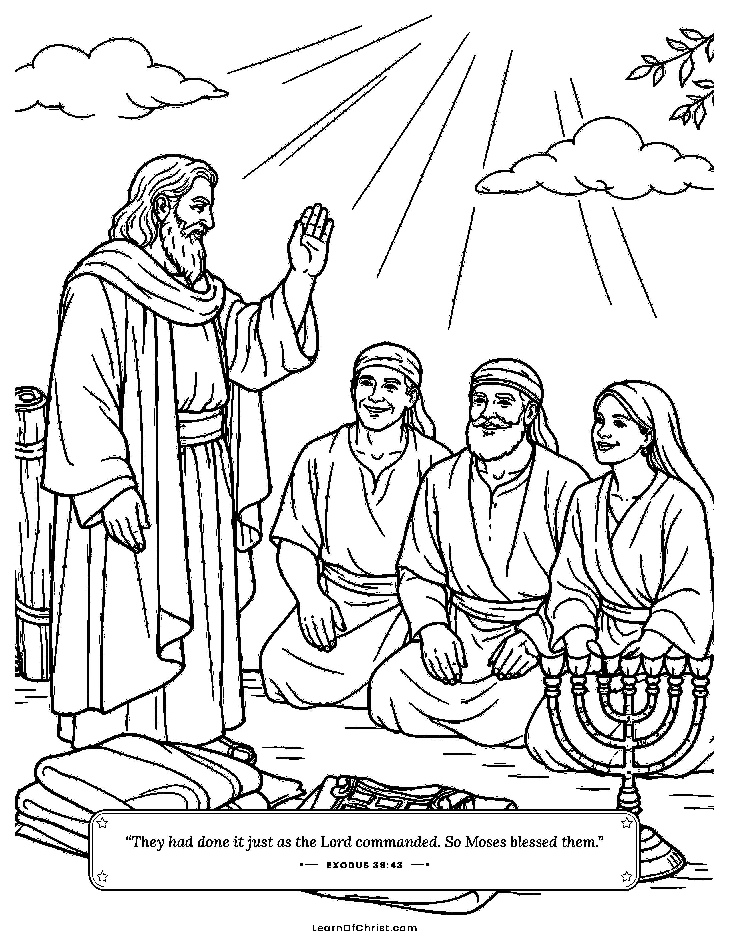 Exodus 39 coloring page - Moses blesses the finished work. Free printable Bible coloring sheet for kids.