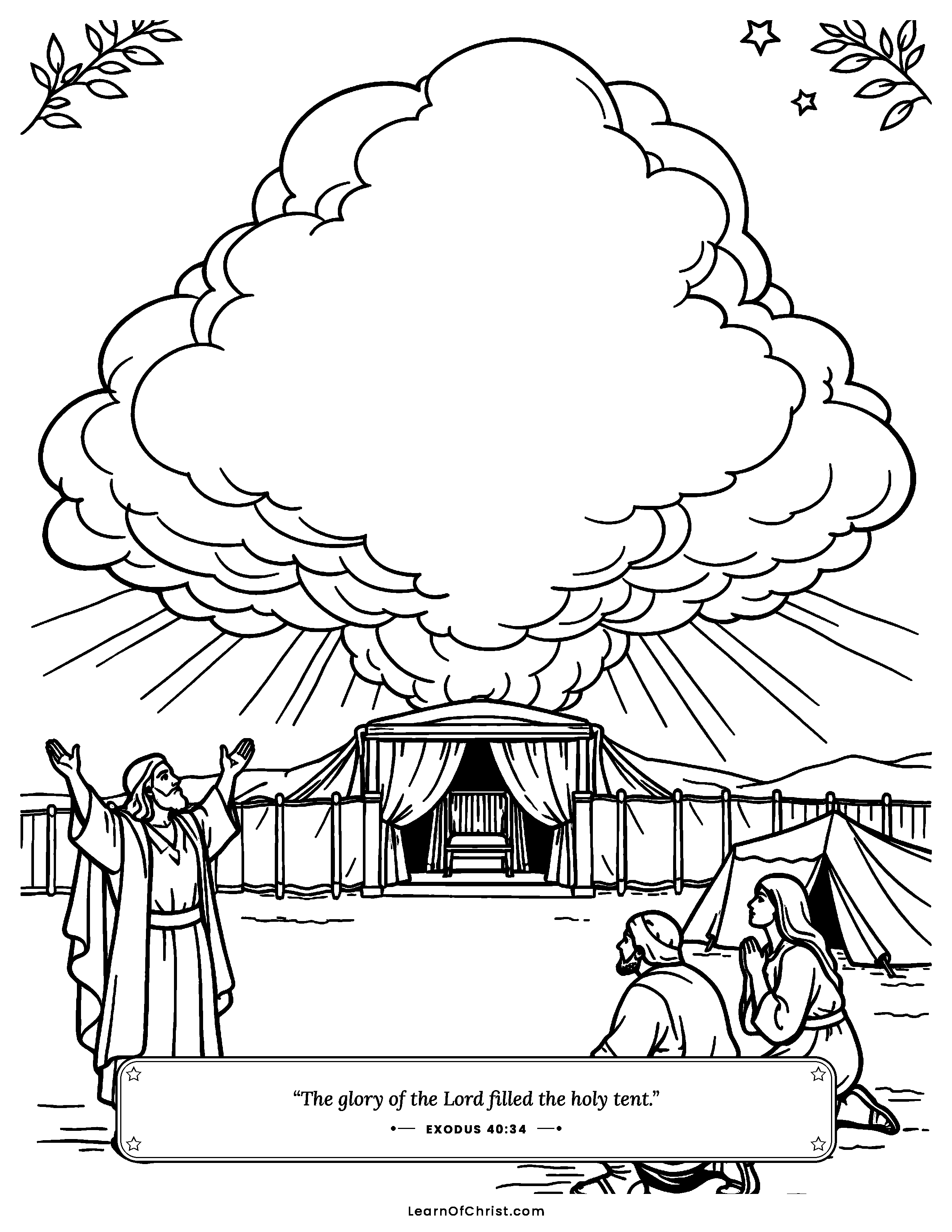 Exodus 40 coloring page - The cloud fills the finished tabernacle. Free printable Bible coloring sheet for kids.