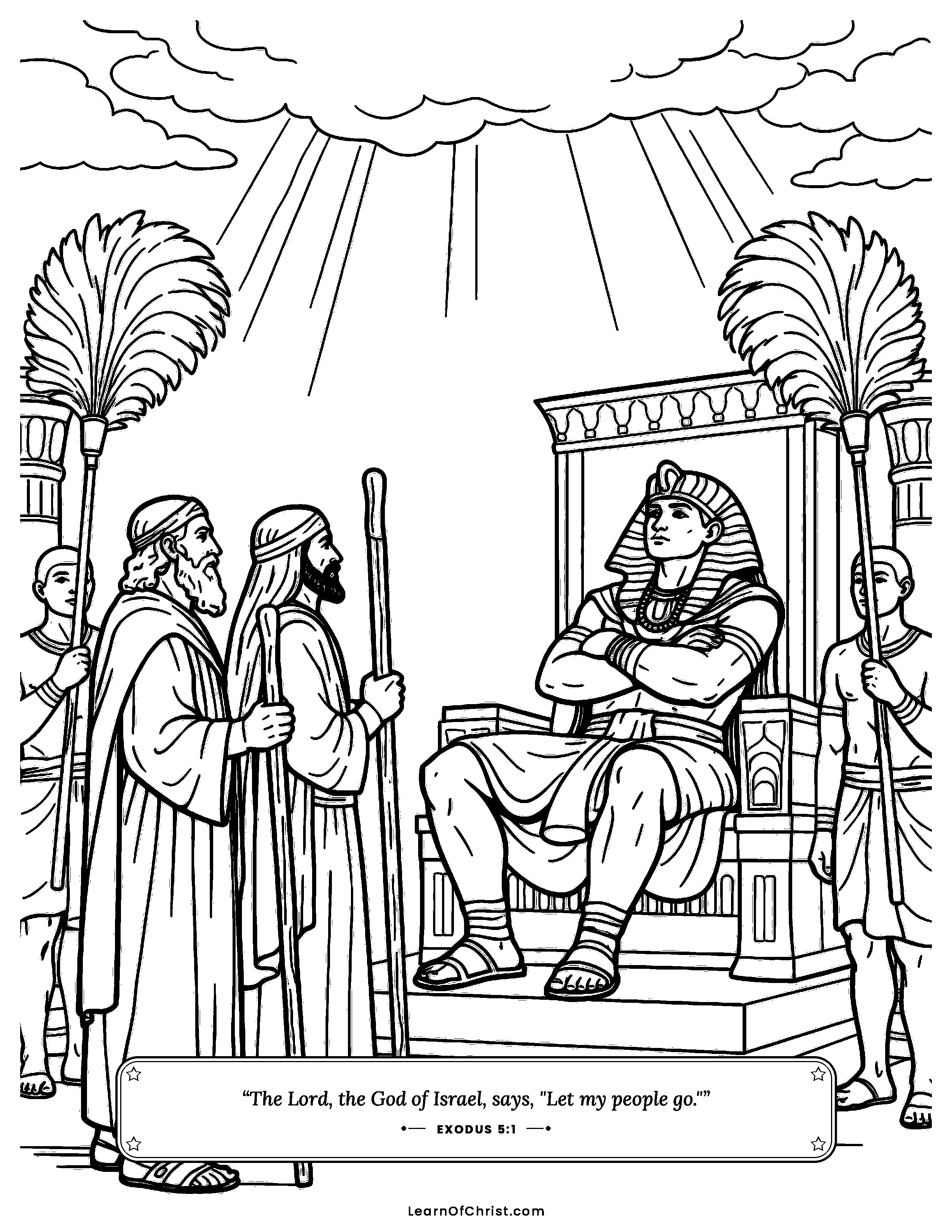 Exodus 5 coloring page - Moses asks Pharaoh to let them go. Free printable Bible coloring sheet for kids.