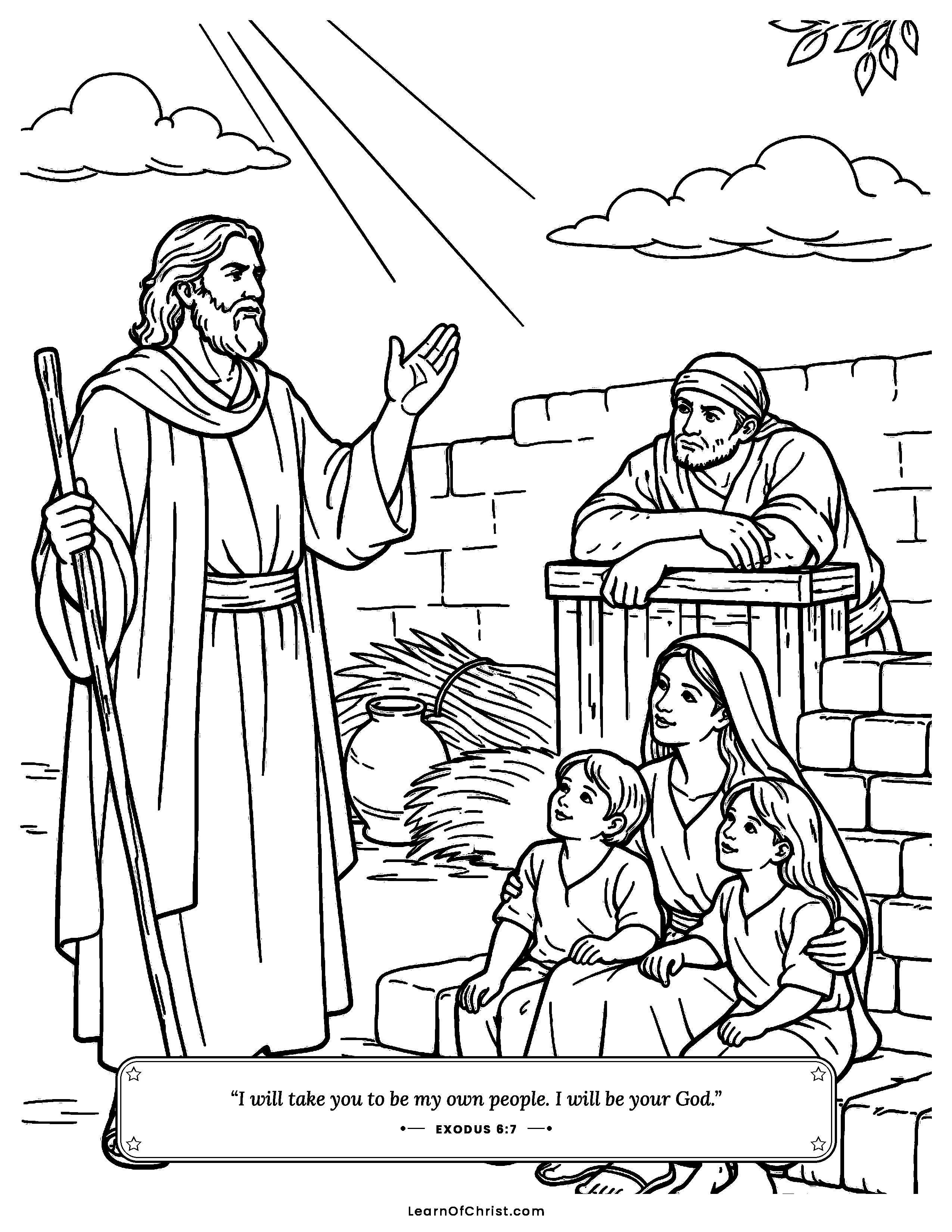 Exodus 6 coloring page - Moses tells the tired people God's promise. Free printable Bible coloring sheet for kids.