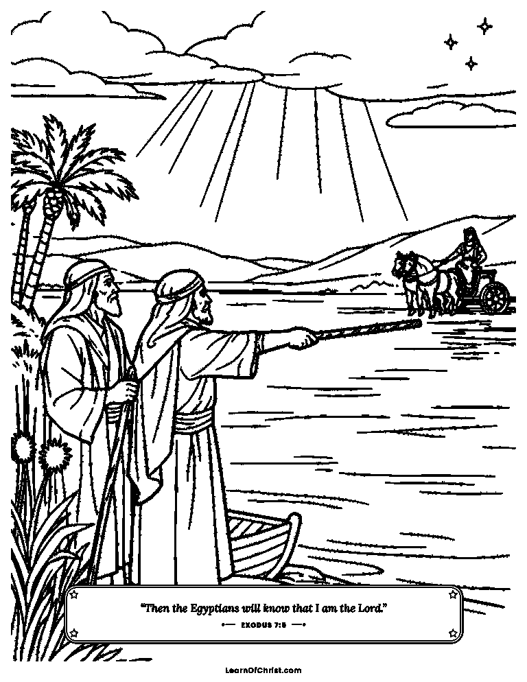 Exodus 7 coloring page - Moses raises his staff over the river
