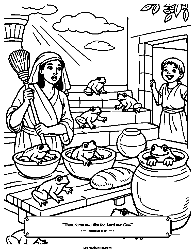 Exodus 8 coloring page - Frogs hop through every Egyptian house