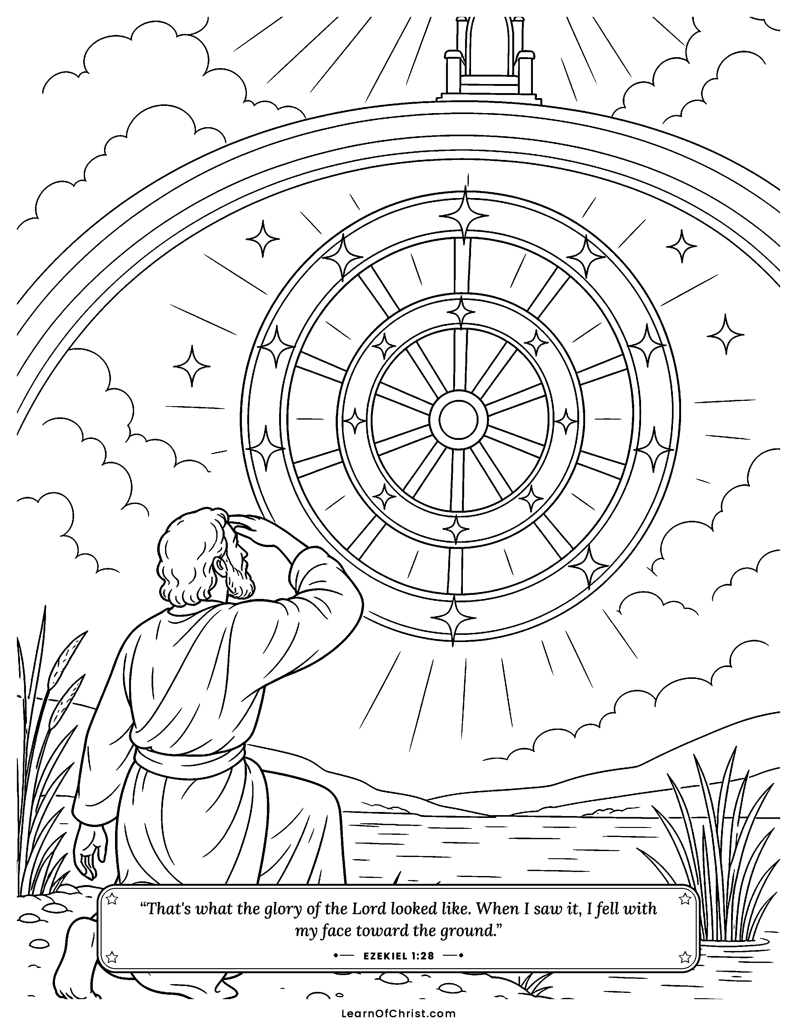 Ezekiel 1 coloring page - Wheels of light above the river. Free printable Bible coloring sheet for kids.