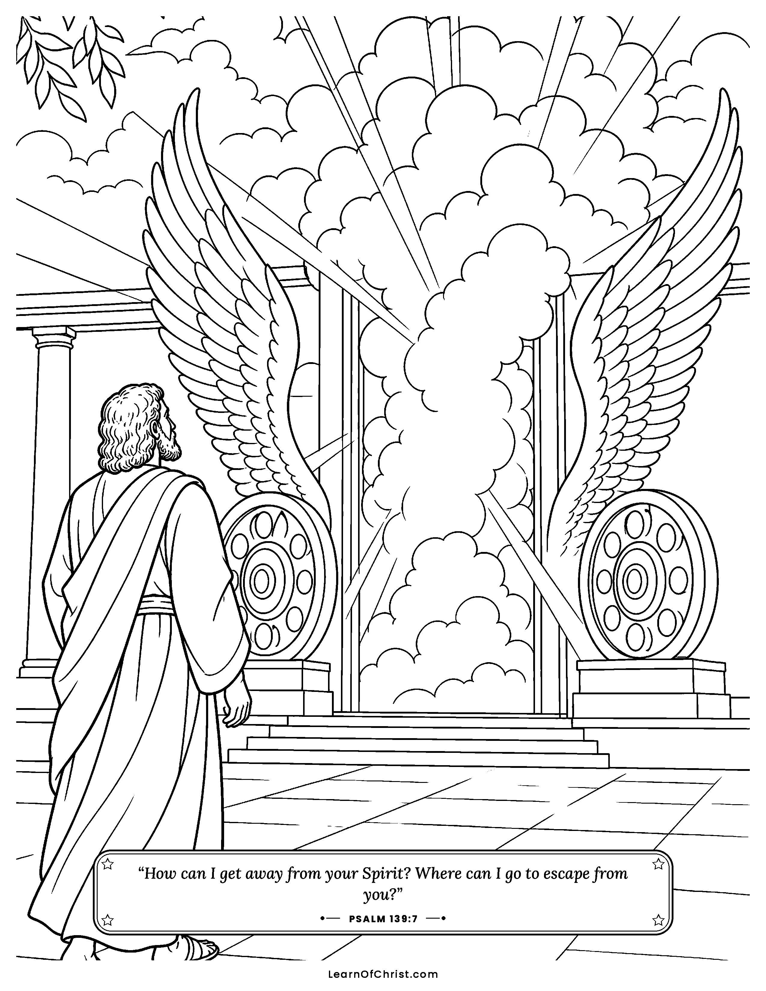 Ezekiel 10 coloring page - Bright glory fills the temple court. Free printable Bible coloring sheet for kids.