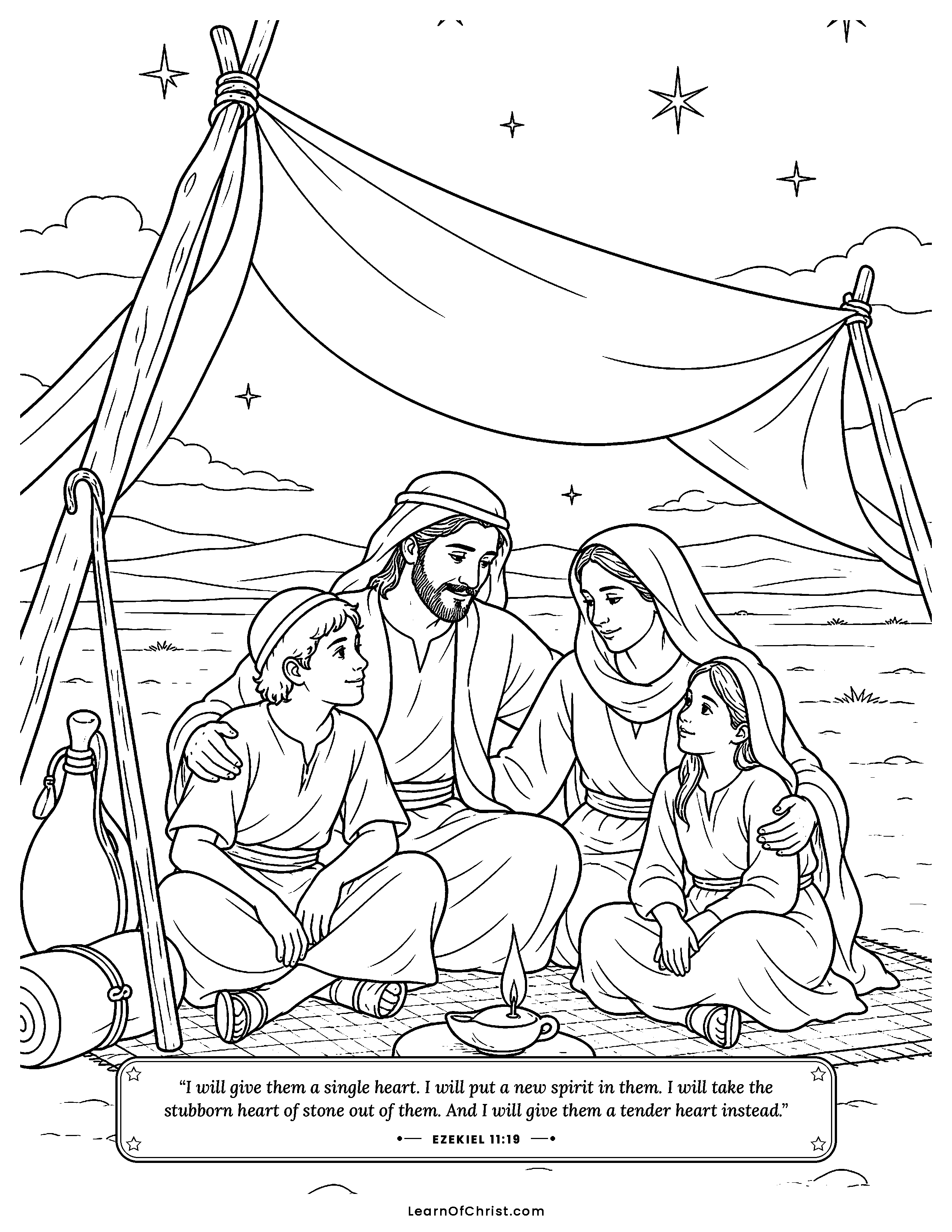 Ezekiel 11 coloring page - A small shelter far from home. Free printable Bible coloring sheet for kids.