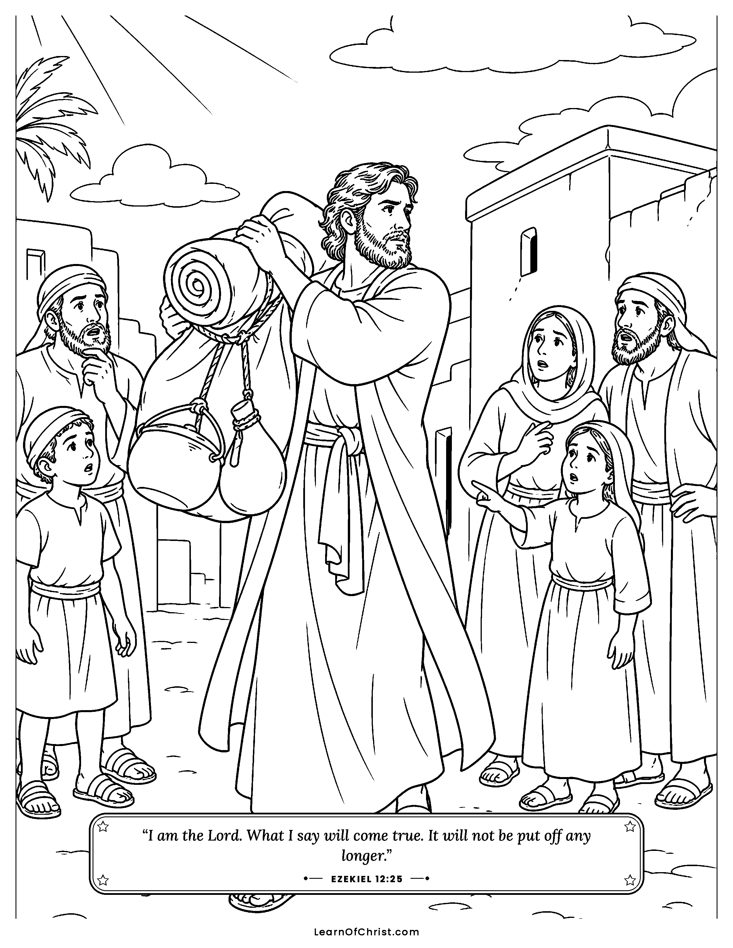 Ezekiel 12 coloring page - Ezekiel packs his bag in daylight. Free printable Bible coloring sheet for kids.