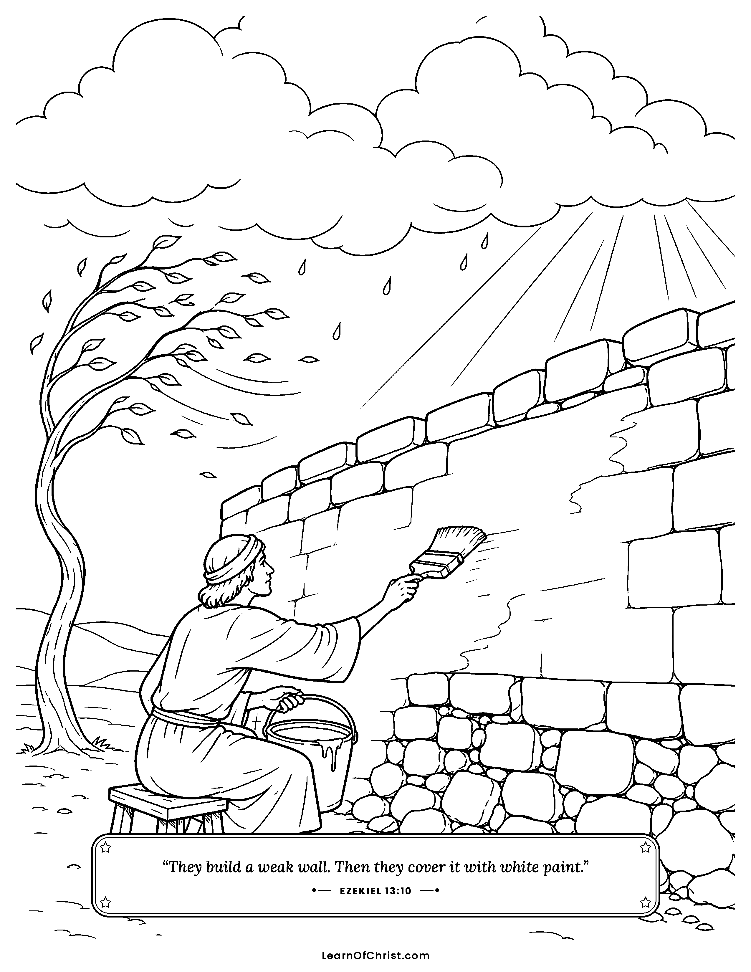 Ezekiel 13 coloring page - Whitewash on a wobbly wall. Free printable Bible coloring sheet for kids.