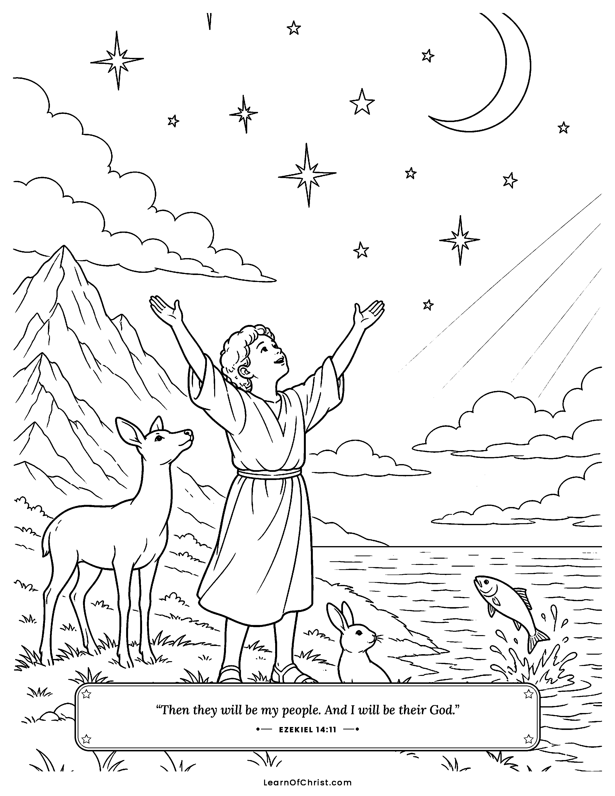 Ezekiel 14 coloring page - Clearing the shelf for lamp and bread. Free printable Bible coloring sheet for kids.