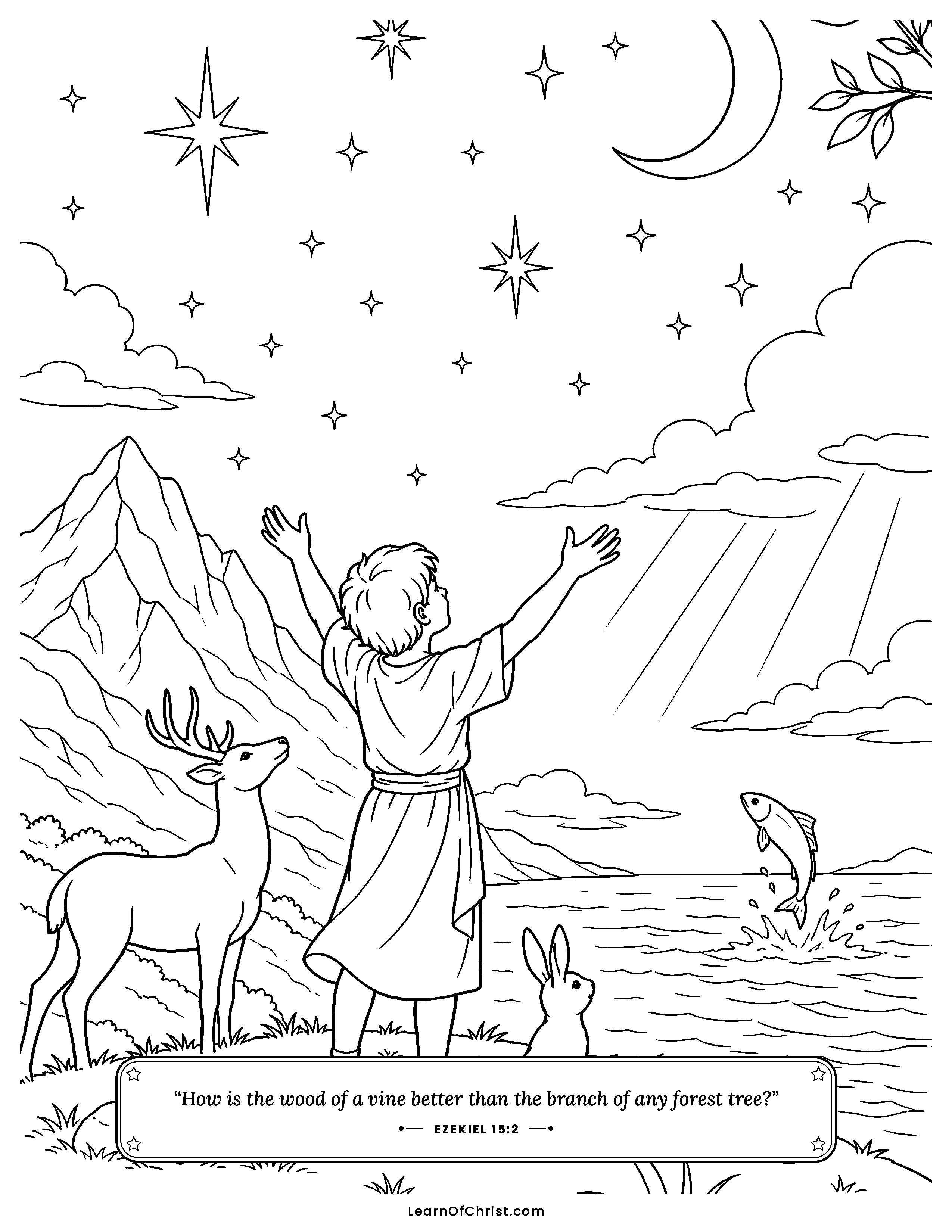 Ezekiel 15 coloring page - A branch that stays on the vine. Free printable Bible coloring sheet for kids.