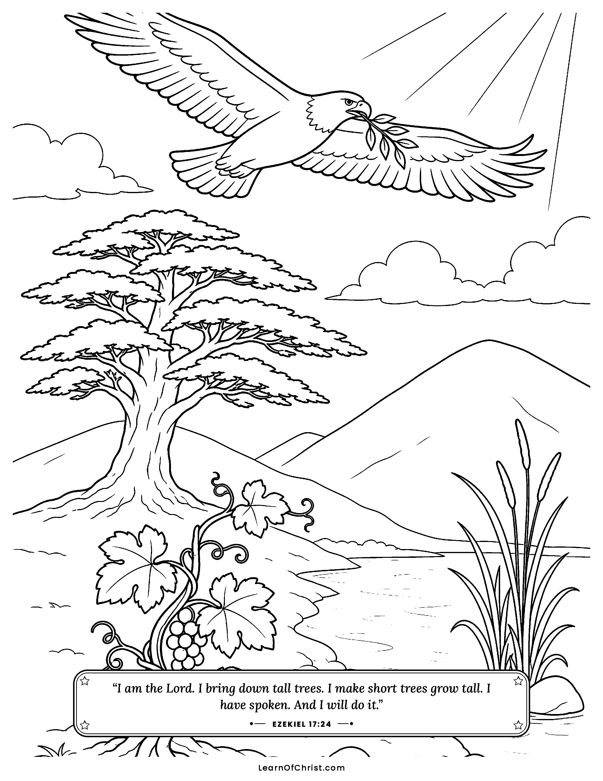 Ezekiel 17 coloring page - An eagle plants a tiny seed. Free printable Bible coloring sheet for kids.
