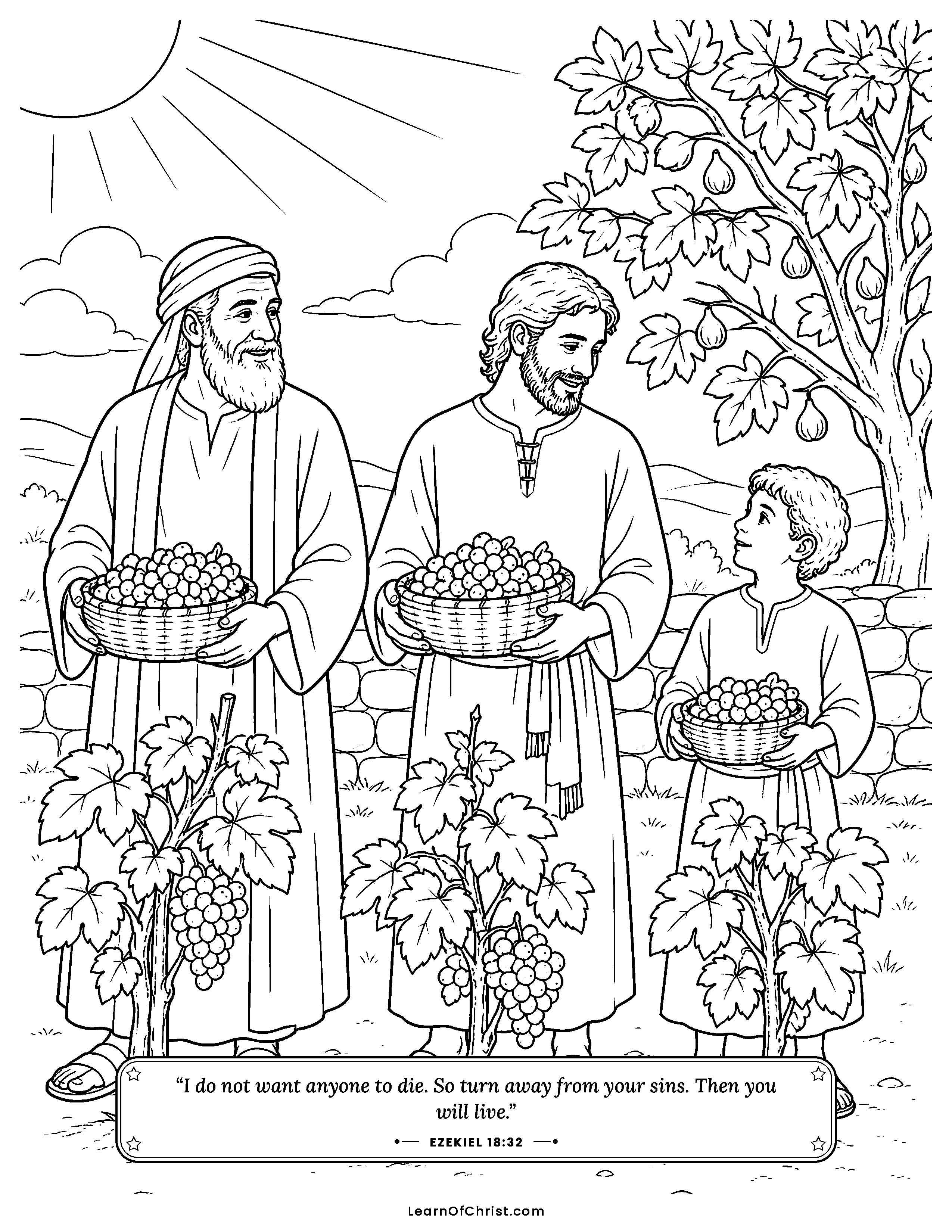 Ezekiel 18 coloring page - Each person tends their own vine. Free printable Bible coloring sheet for kids.