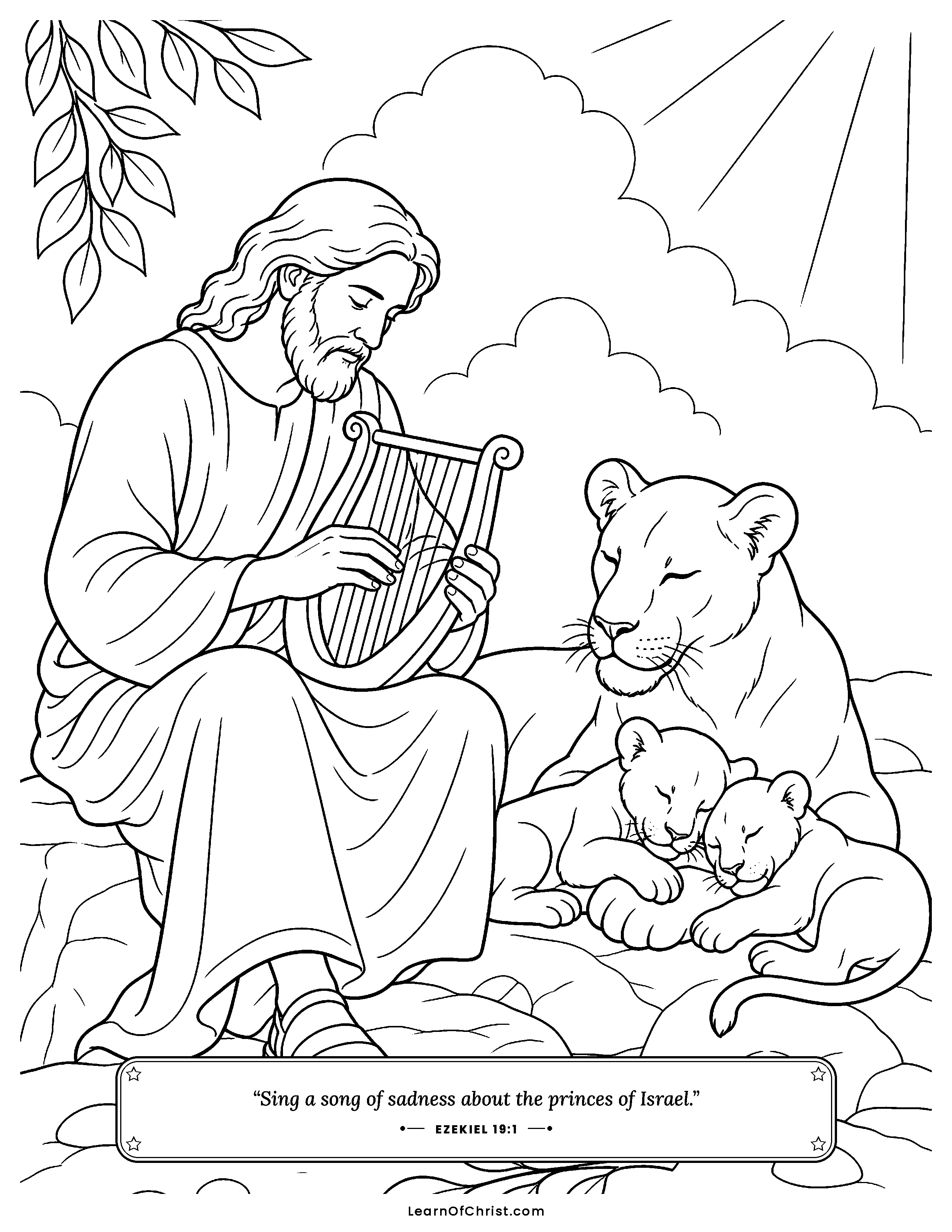 Ezekiel 19 coloring page - Ezekiel sings a gentle sad song. Free printable Bible coloring sheet for kids.