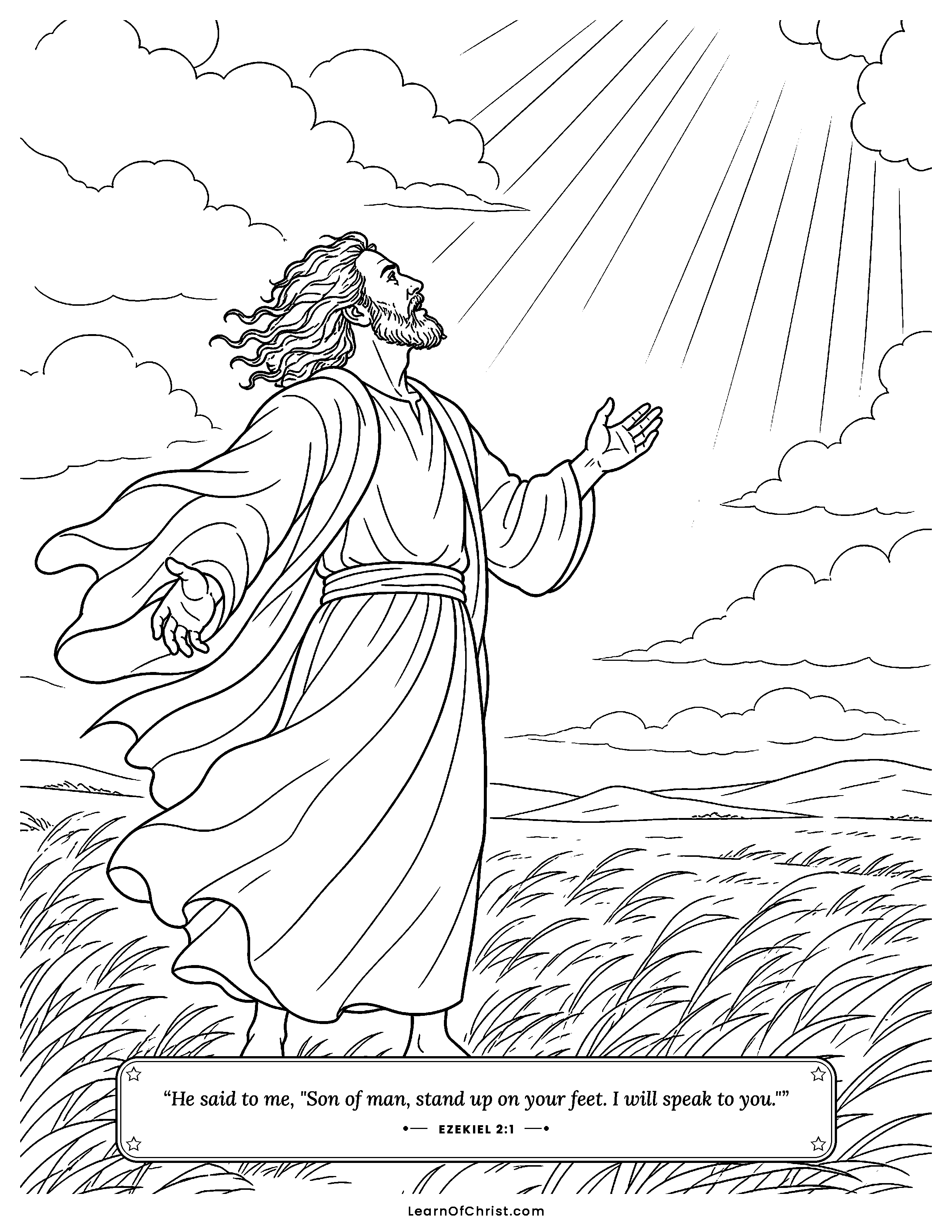 Ezekiel 2 coloring page - Ezekiel stands up when God calls him. Free printable Bible coloring sheet for kids.