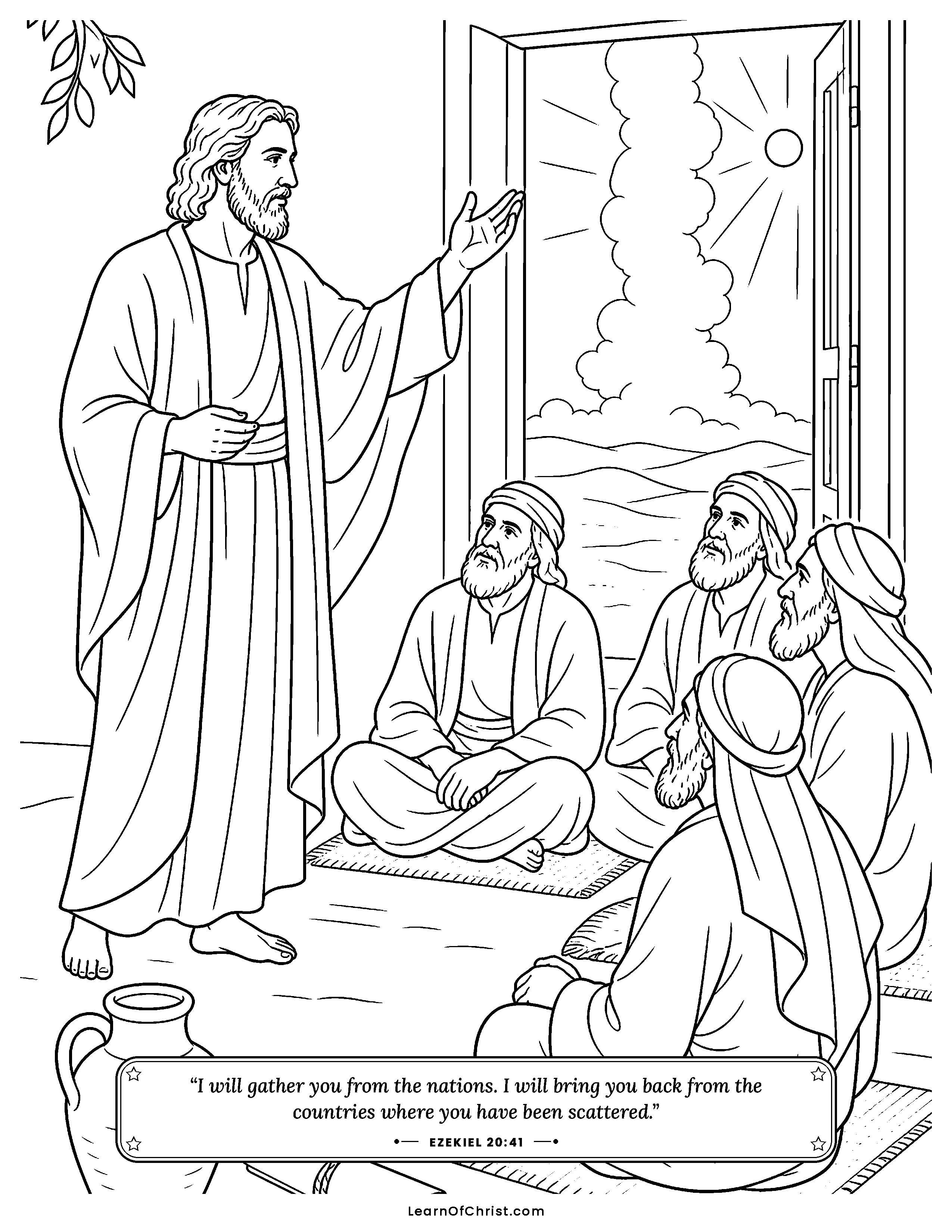 Ezekiel 20 coloring page - Elders sit down to hear God's story. Free printable Bible coloring sheet for kids.