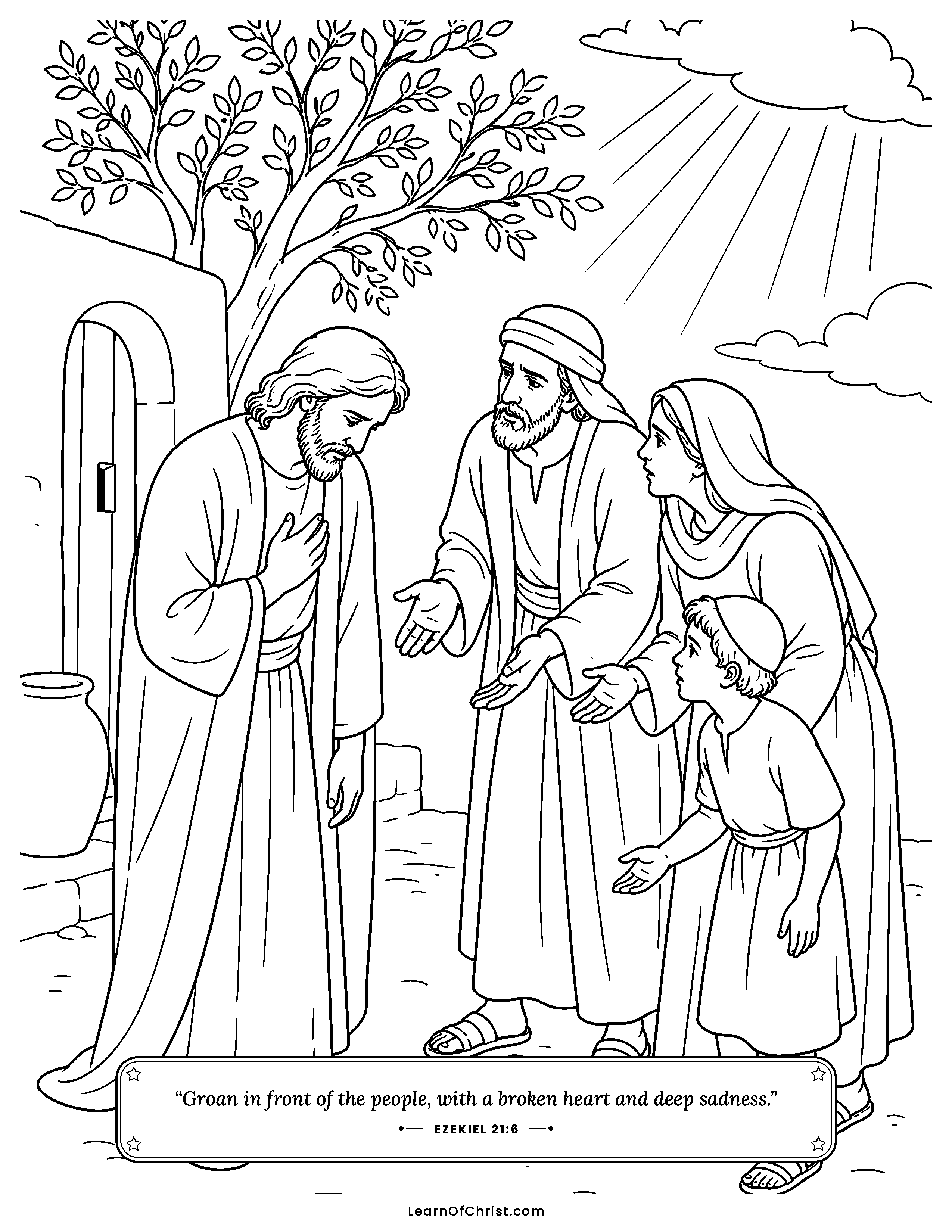 Ezekiel 21 coloring page - Ezekiel sighs so people will listen. Free printable Bible coloring sheet for kids.