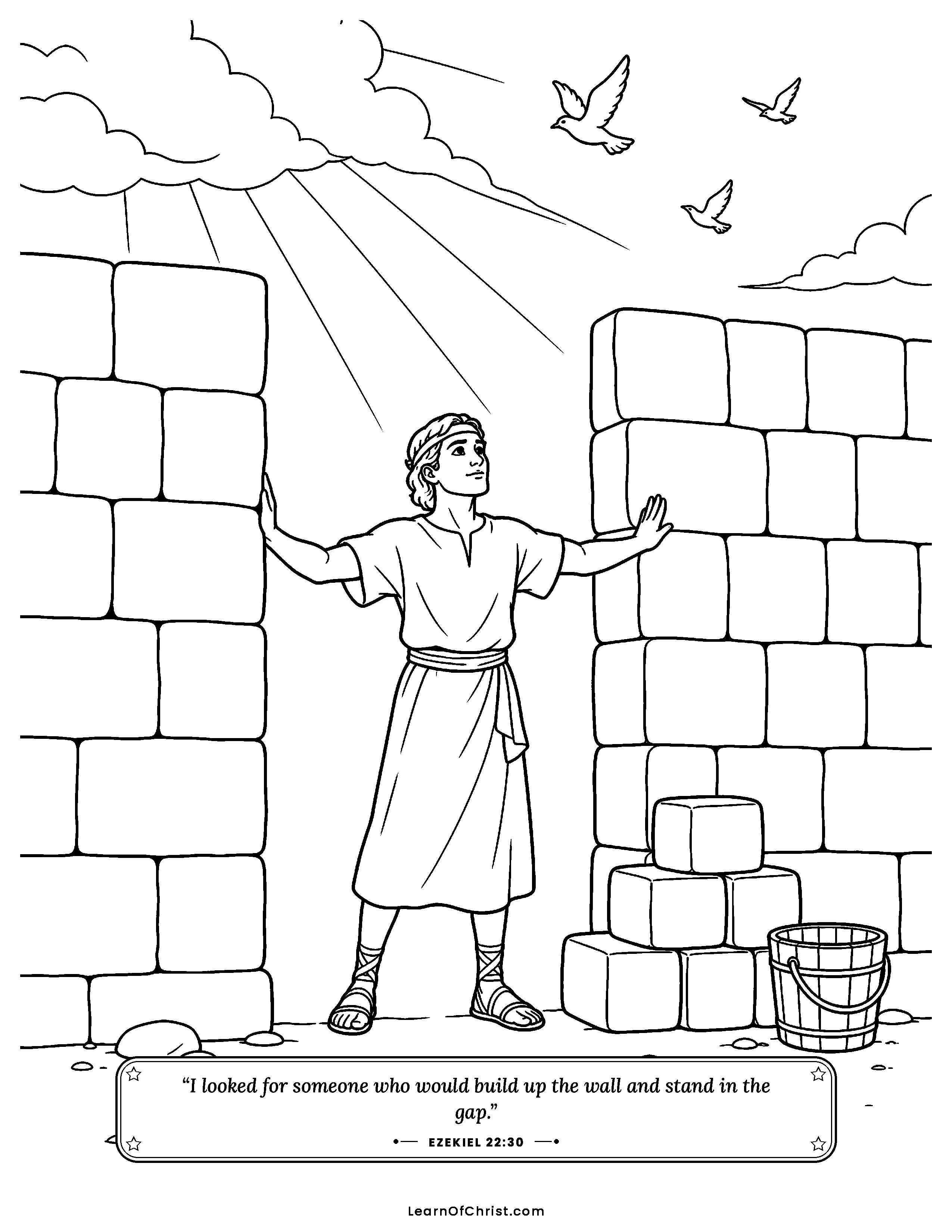 Ezekiel 22 coloring page - Someone stands in the broken wall. Free printable Bible coloring sheet for kids.