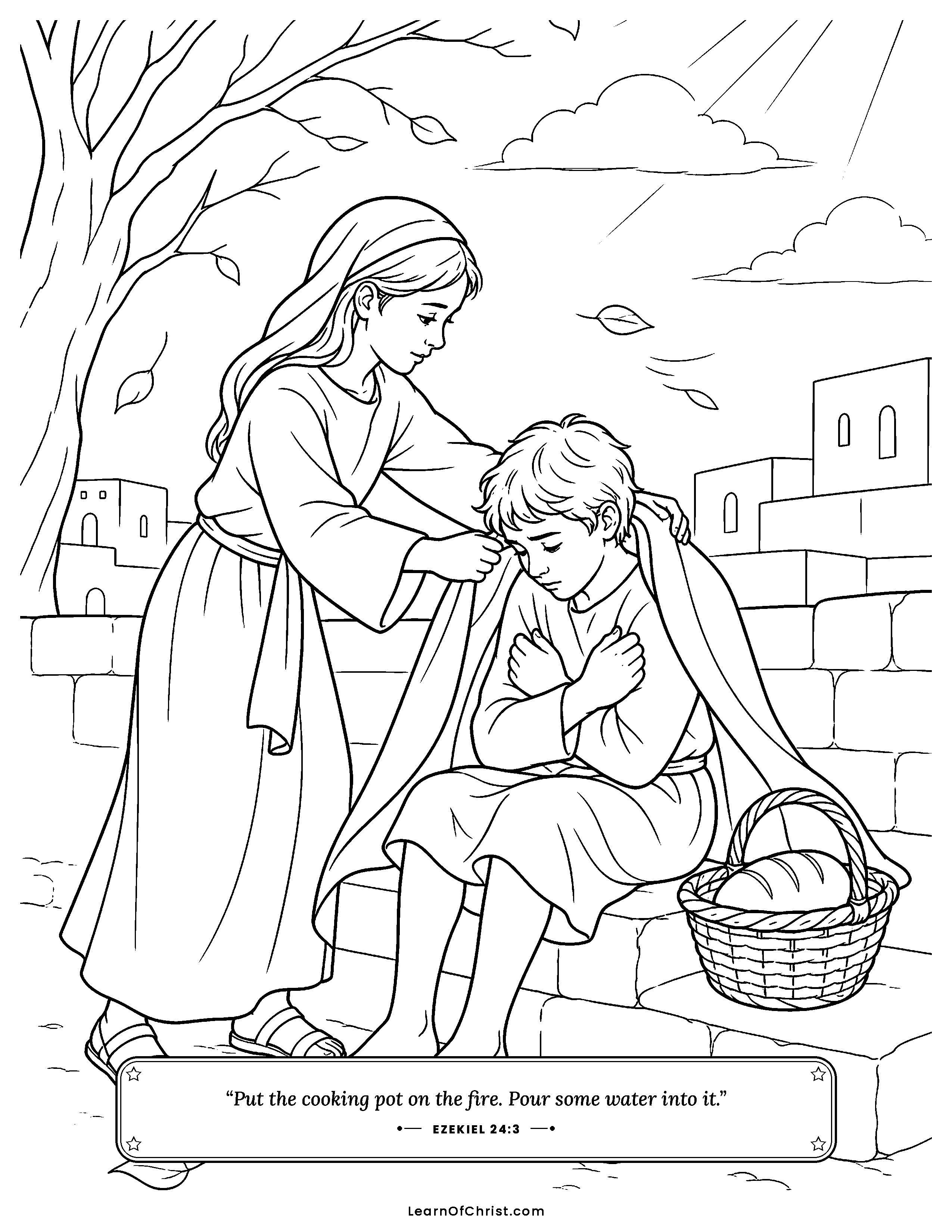 Ezekiel 24 coloring page - The old cooking pot scrubbed clean. Free printable Bible coloring sheet for kids.