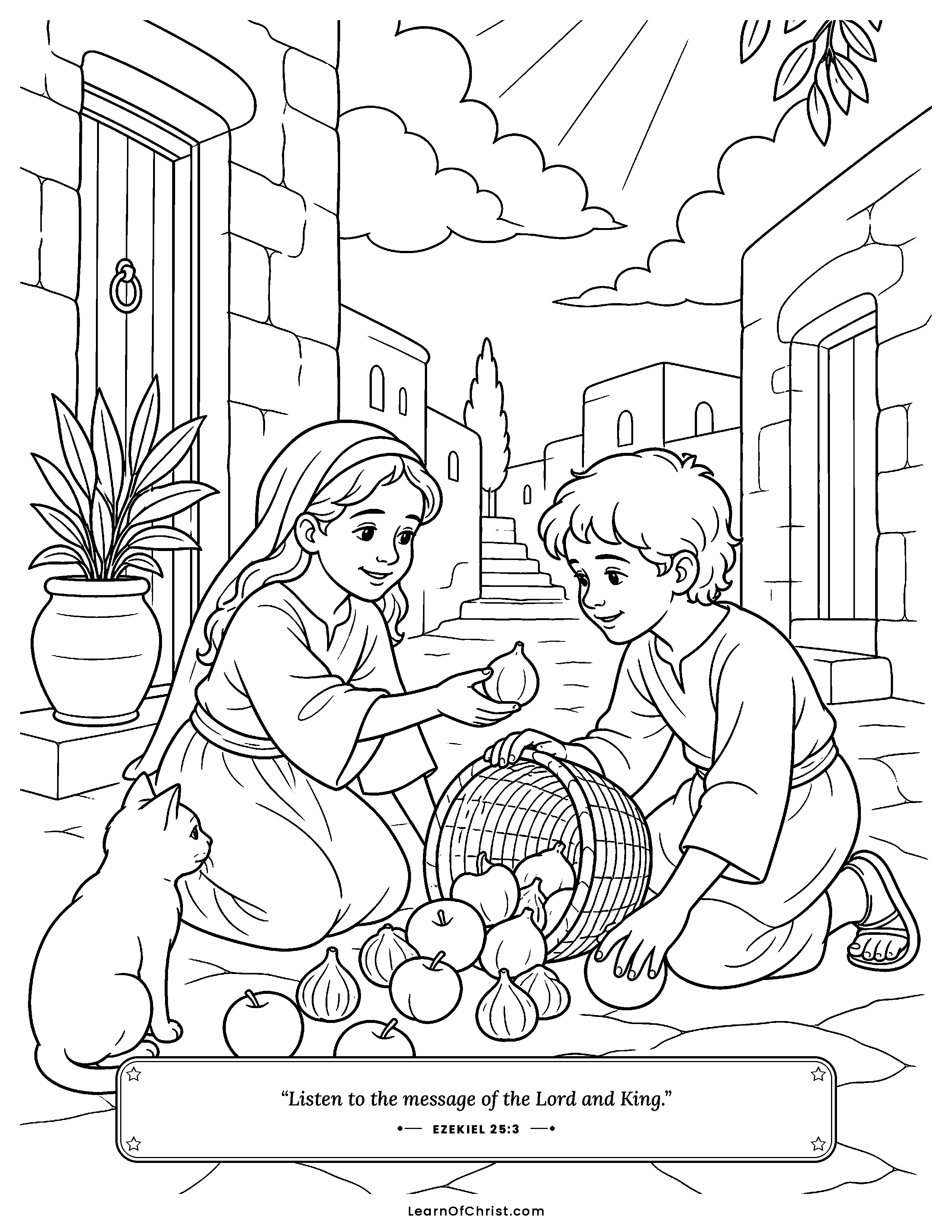Ezekiel 25 coloring page - A neighbor helps instead of laughing. Free printable Bible coloring sheet for kids.