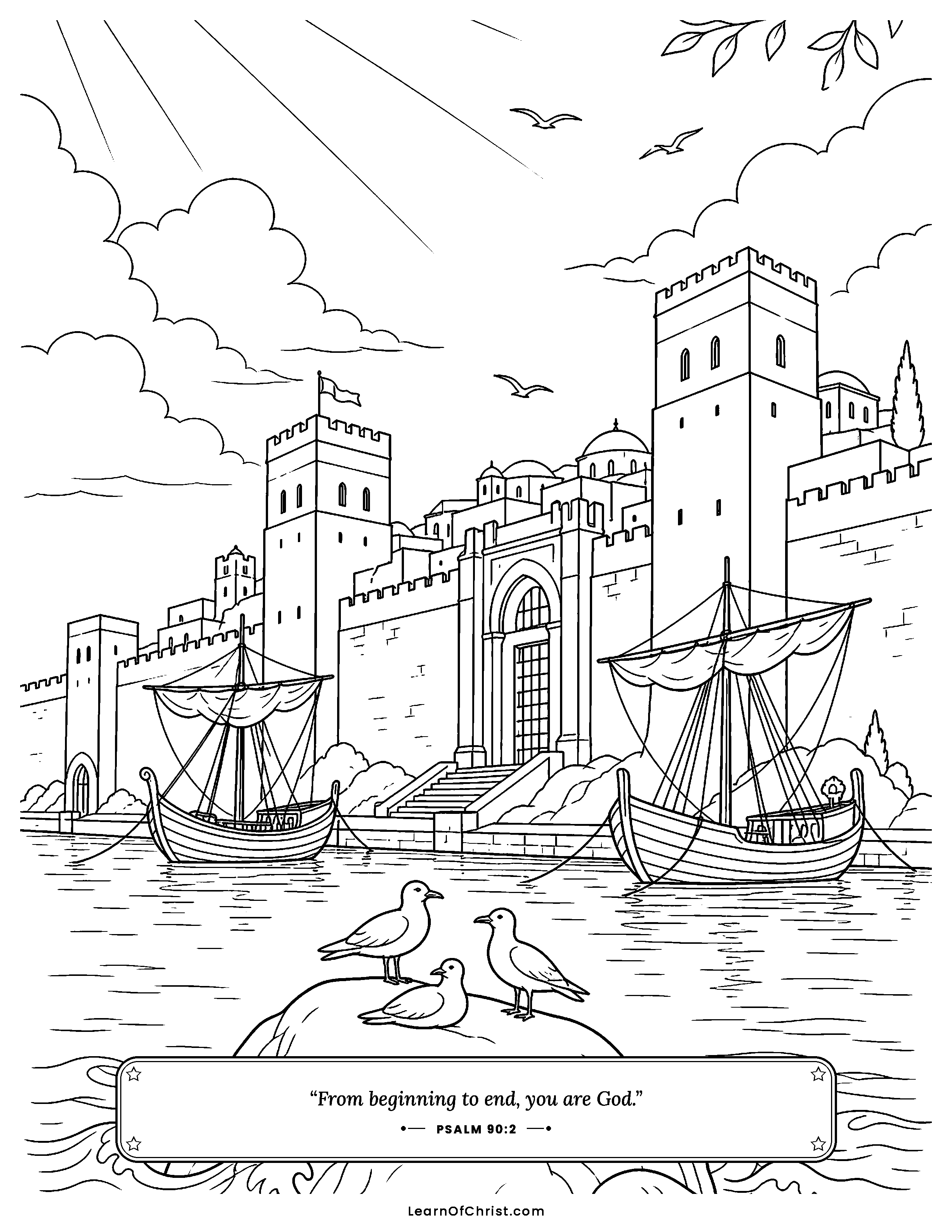 Ezekiel 26 coloring page - A proud sea city behind tall walls. Free printable Bible coloring sheet for kids.