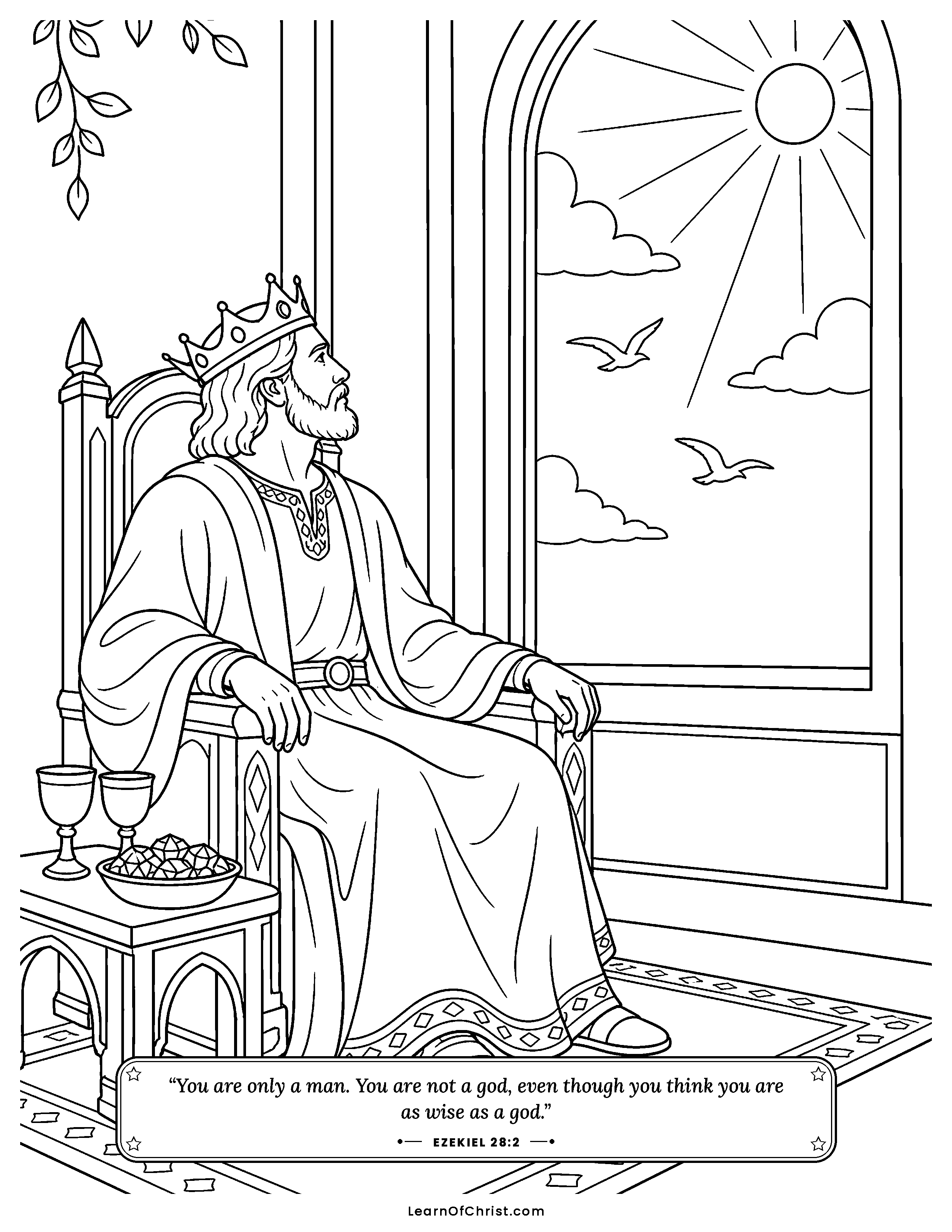 Ezekiel 28 coloring page - A proud king looks out his window. Free printable Bible coloring sheet for kids.